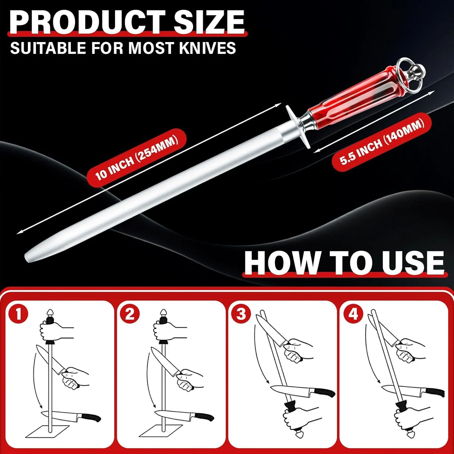 میله چاقو تیز کن، چاقو تیز کن آشپزخانه با نوک مغناطیسی، میله فولادی صیقل دهنده 10 اینچی مغناطیسی با سختی بالا، میله فولادی تیز کننده چاقو از جنس فولاد کربنی بالا (تخت)