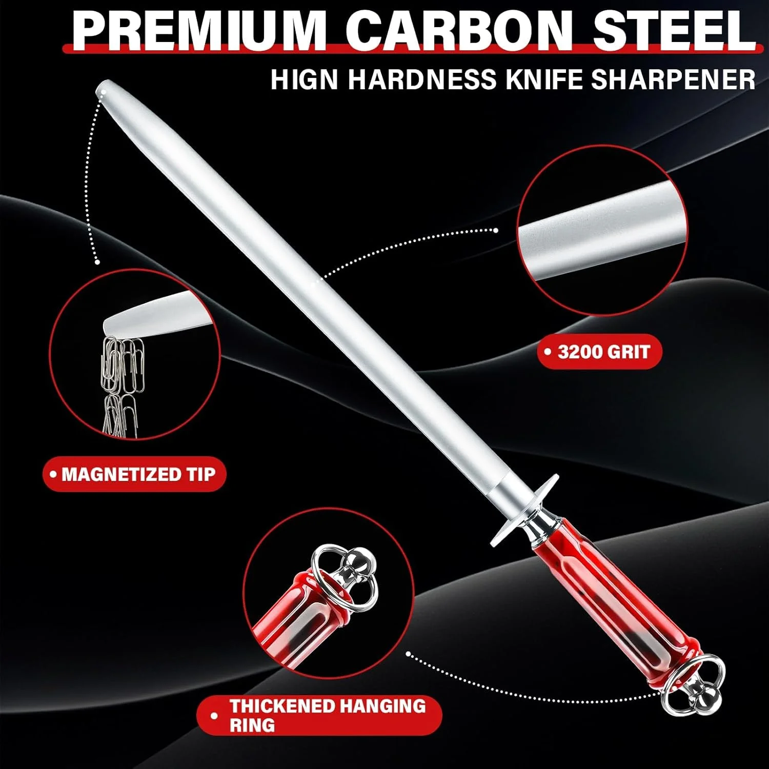 میله چاقو تیز کن، چاقو تیز کن آشپزخانه با نوک مغناطیسی، میله فولادی صیقل دهنده 10 اینچی مغناطیسی با سختی بالا، میله فولادی تیز کننده چاقو از جنس فولاد کربنی بالا (تخت)