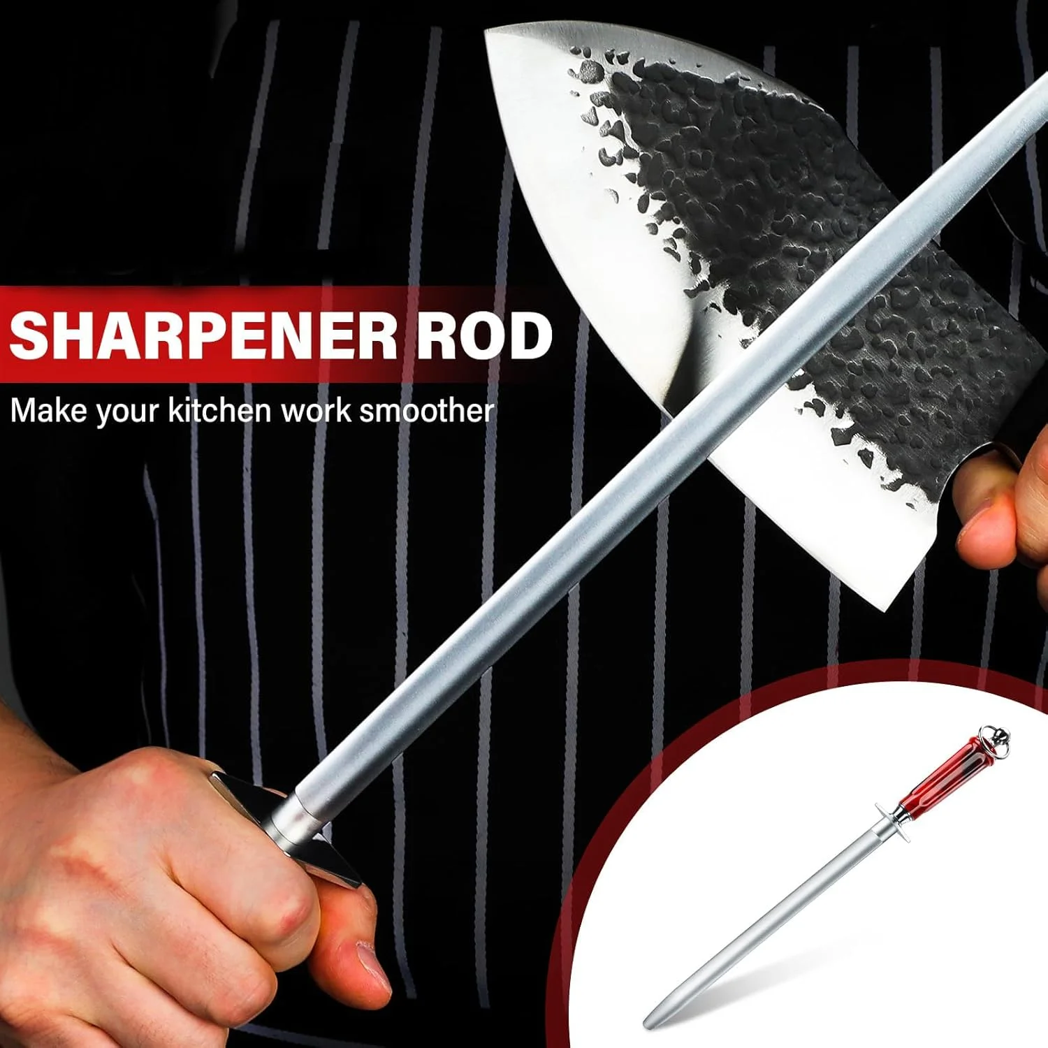 میله چاقو تیز کن، چاقو تیز کن آشپزخانه با نوک مغناطیسی، میله فولادی صیقل دهنده 10 اینچی مغناطیسی با سختی بالا، میله فولادی تیز کننده چاقو از جنس فولاد کربنی بالا (تخت)