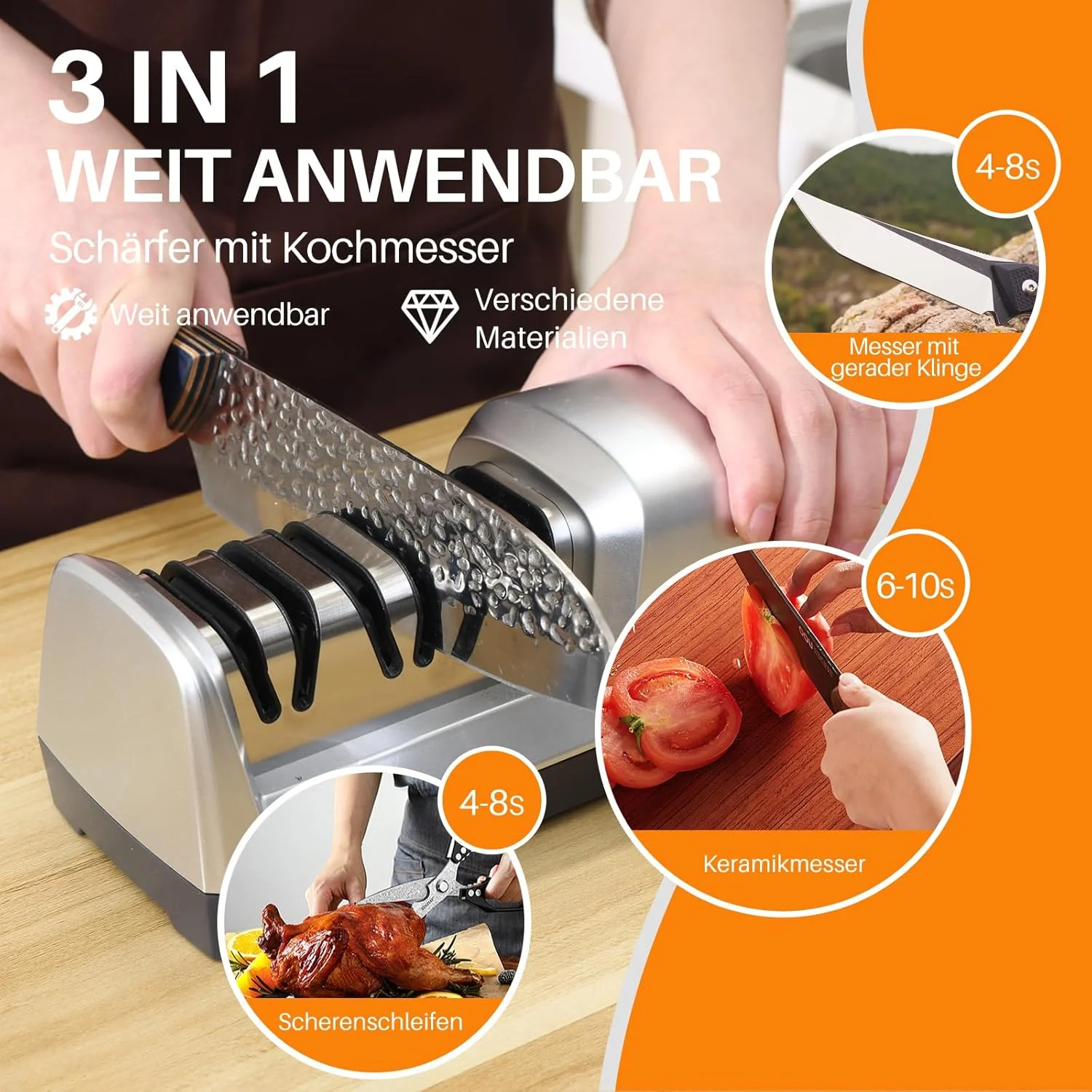 چاقو تیزکن JOANT15 با زاویه 15 درجه همراه با چاقوی سرآشپز، چاقو تیزکن برقی 3 در 1 برای چاقوهای سرامیکی و چاقوهای سبزیجات، چاقو تیزکن حرفه ای برای سنگ زنی زبر و ظریف، پولیش