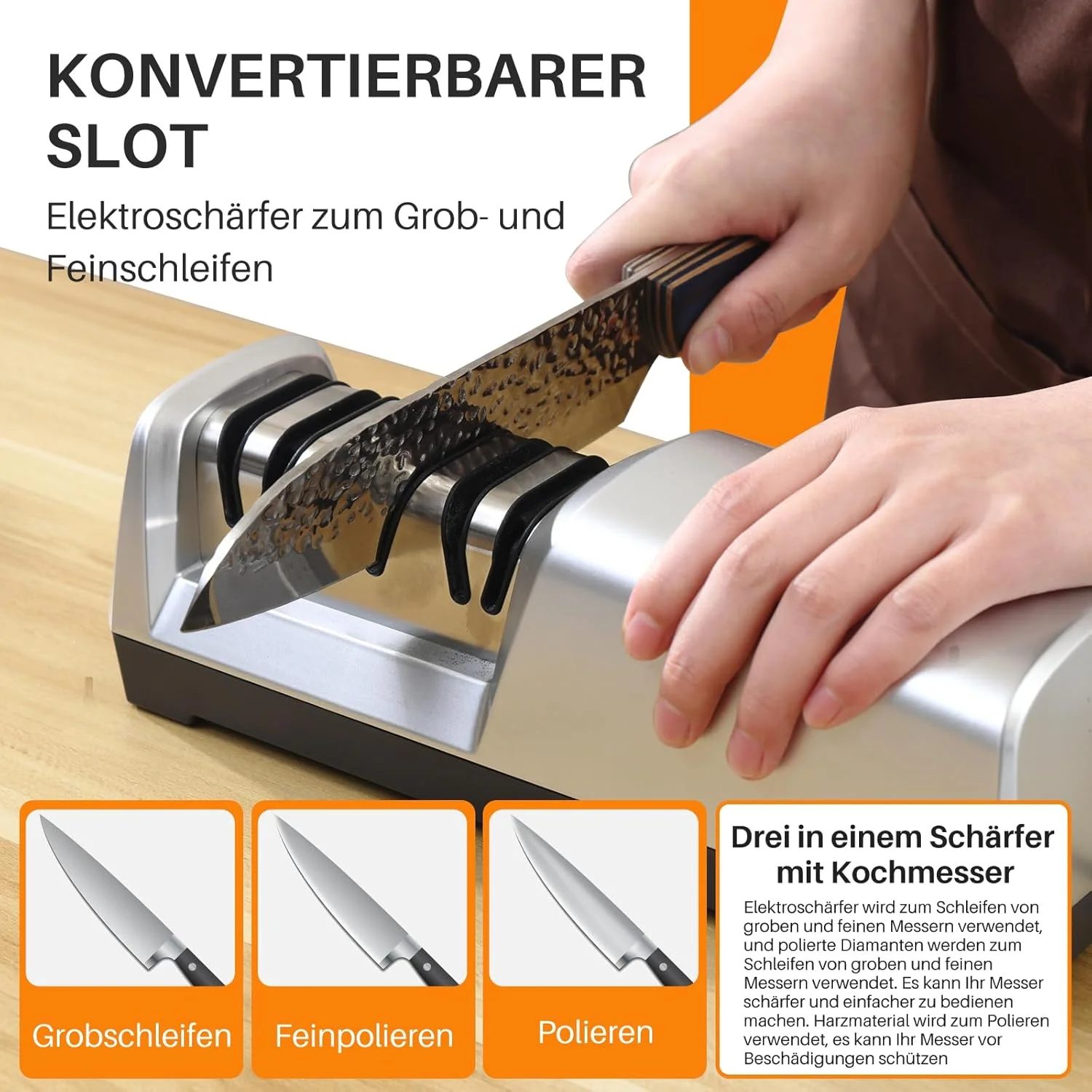 چاقو تیزکن JOANT15 با زاویه 15 درجه همراه با چاقوی سرآشپز، چاقو تیزکن برقی 3 در 1 برای چاقوهای سرامیکی و چاقوهای سبزیجات، چاقو تیزکن حرفه ای برای سنگ زنی زبر و ظریف، پولیش