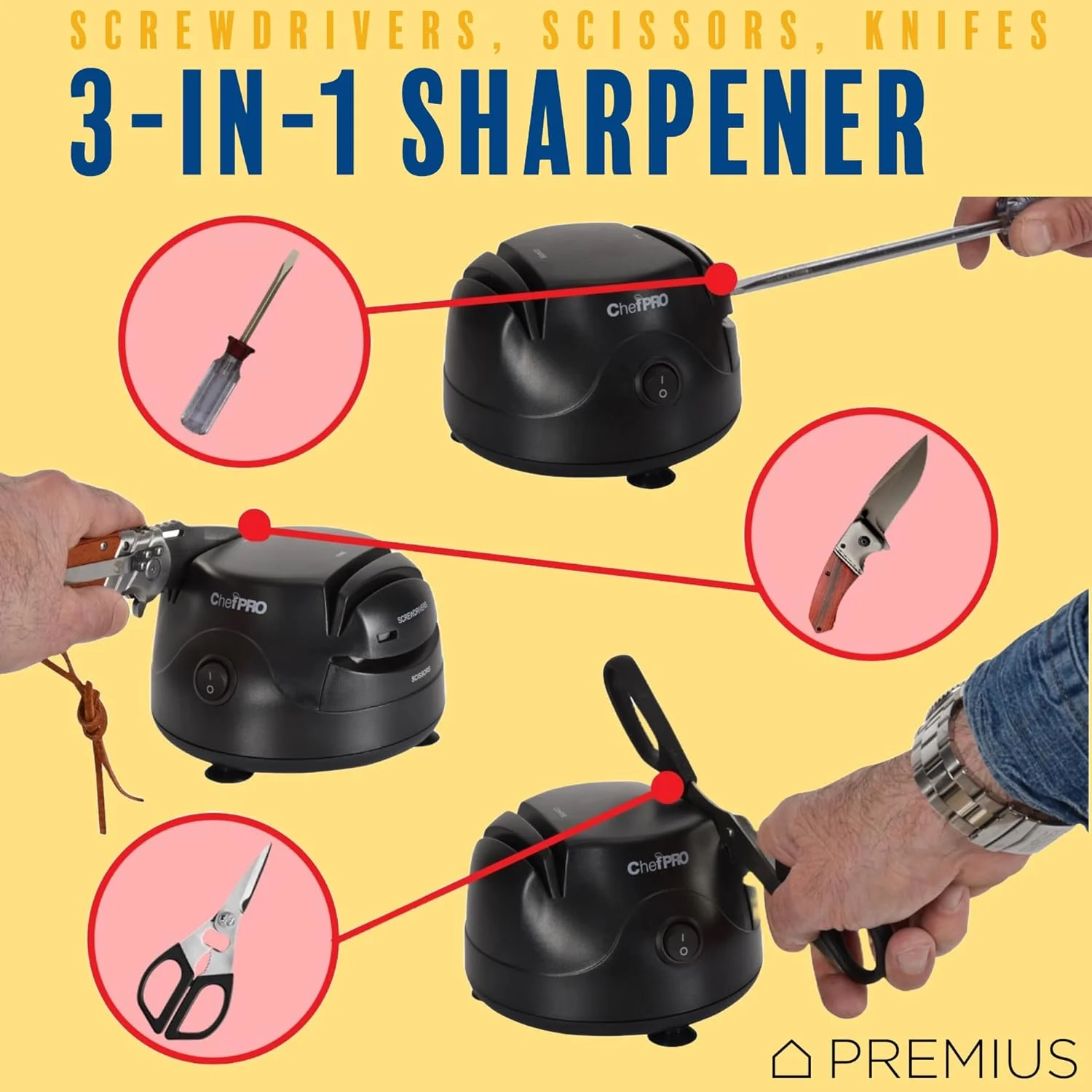 دستگاه تیزکن برقی چاقو 3 در 1 ChefPRO، عالی برای چاقوهای آشپزخانه و ورزشی، قیچی، پیچ گوشتی، دستگاه سیستم تیز کردن 2 مرحله ای، طراحی جمع و جور، سریع و آسان، سیم جمع شونده، مشکی