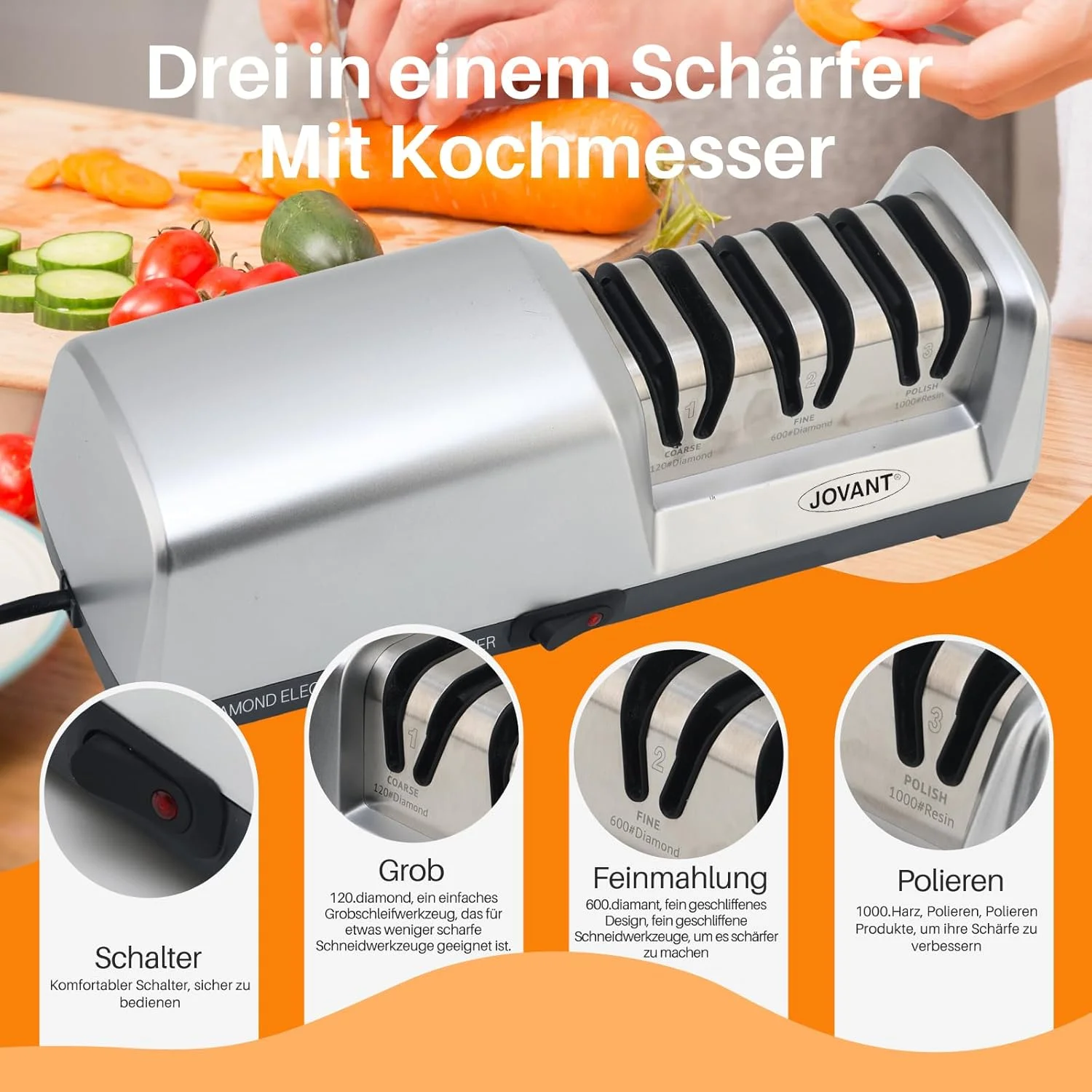 چاقو تیزکن JOANT15 با زاویه 15 درجه همراه با چاقوی سرآشپز، چاقو تیزکن برقی 3 در 1 برای چاقوهای سرامیکی و چاقوهای سبزیجات، چاقو تیزکن حرفه ای برای سنگ زنی زبر و ظریف، پولیش