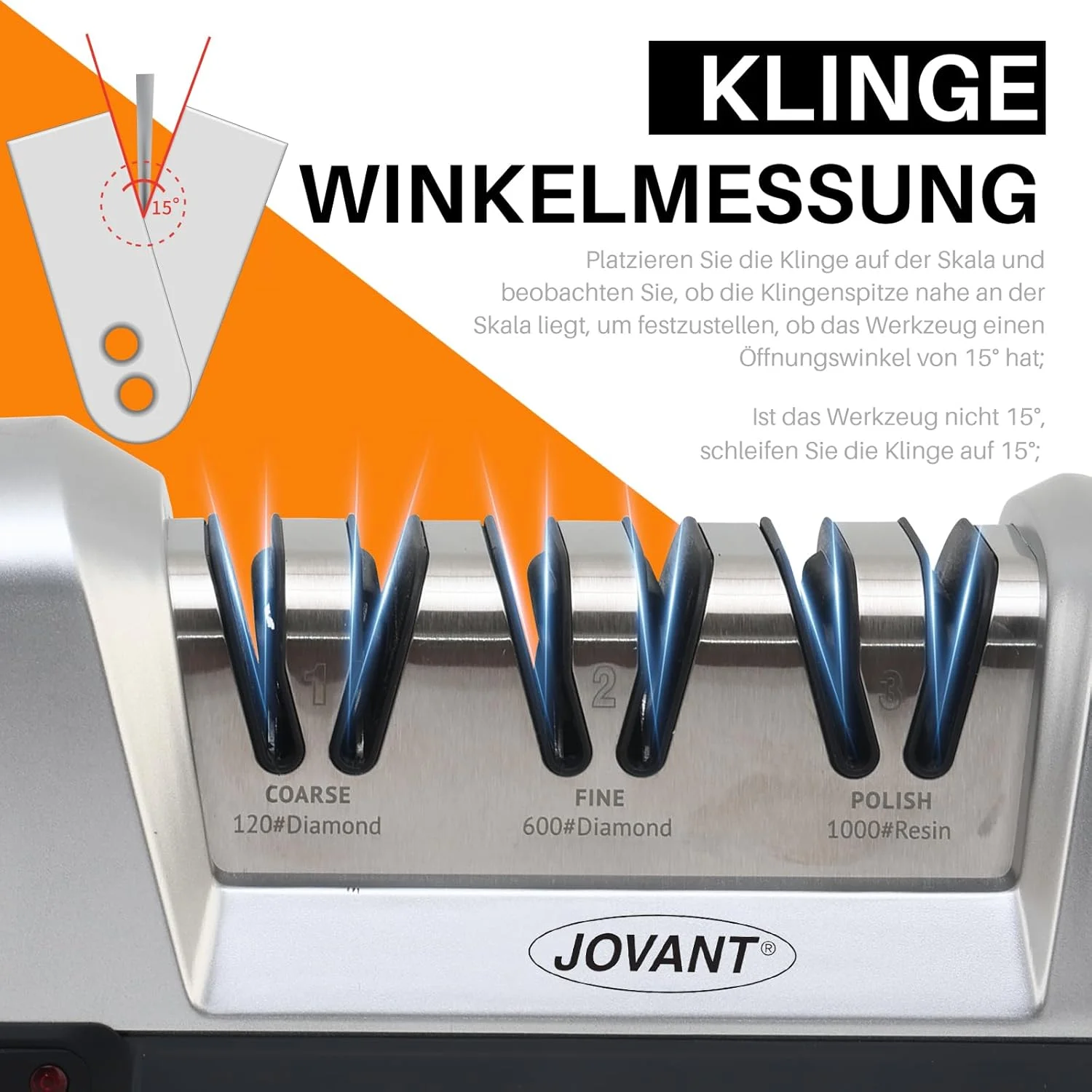 چاقو تیزکن JOANT15 با زاویه 15 درجه همراه با چاقوی سرآشپز، چاقو تیزکن برقی 3 در 1 برای چاقوهای سرامیکی و چاقوهای سبزیجات، چاقو تیزکن حرفه ای برای سنگ زنی زبر و ظریف، پولیش