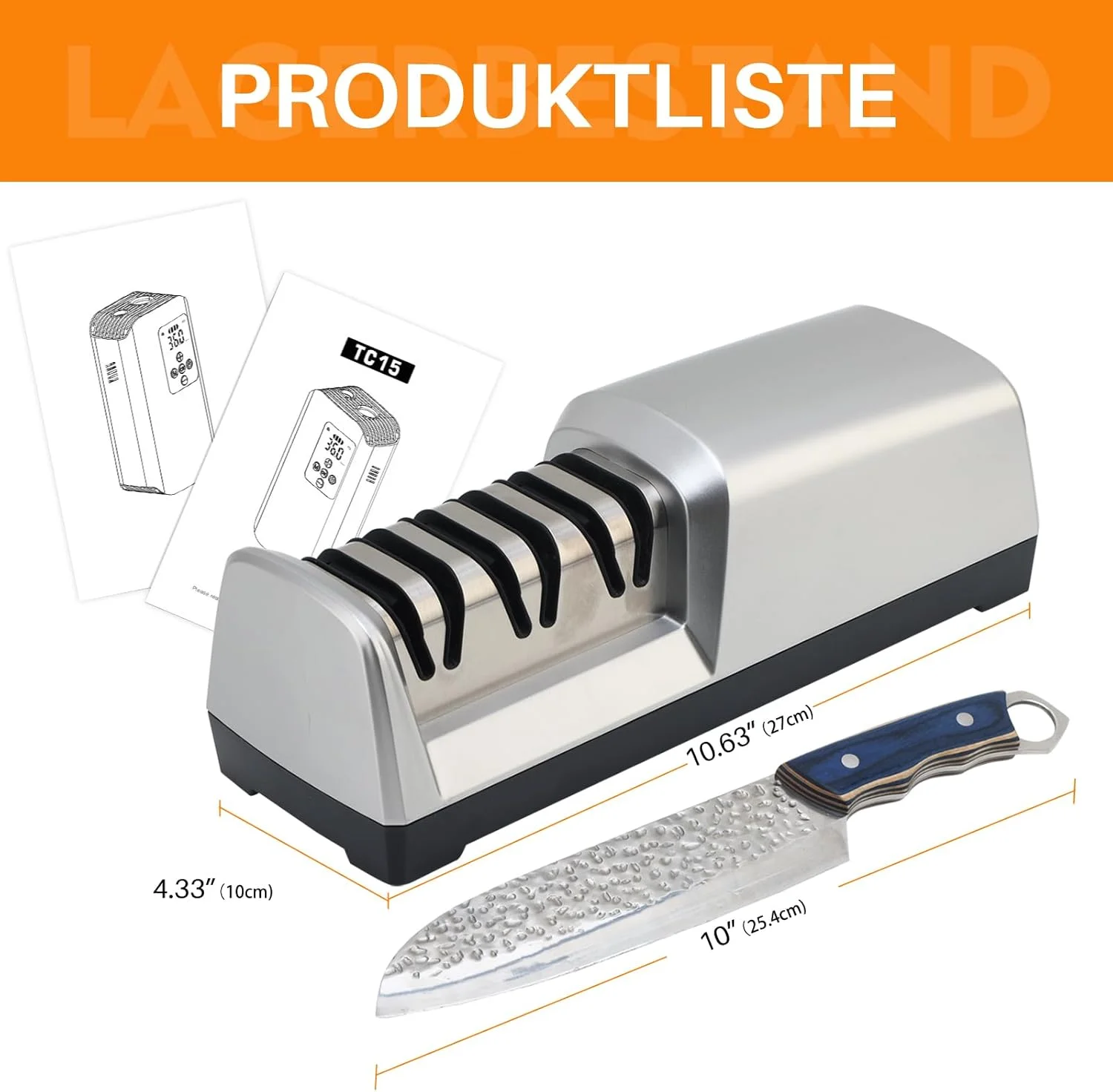 چاقو تیزکن JOANT15 با زاویه 15 درجه همراه با چاقوی سرآشپز، چاقو تیزکن برقی 3 در 1 برای چاقوهای سرامیکی و چاقوهای سبزیجات، چاقو تیزکن حرفه ای برای سنگ زنی زبر و ظریف، پولیش