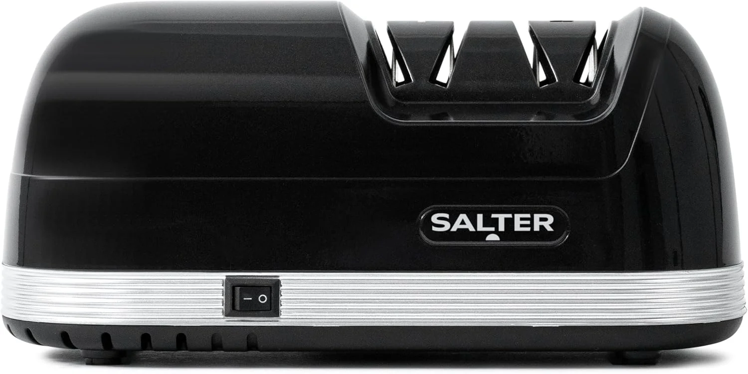 چاقو تیزکن برقی سالتر 728 BKXR با پوشش الماسه، دارای دو مرحله تیز کردن، مناسب برای آشپزخانه و سرآشپز، ابزار تیز کردن، پایه های ضد لغزش ایمن، آهنربای جداشدنی برای جمع آوری تراشه ها، مشکی