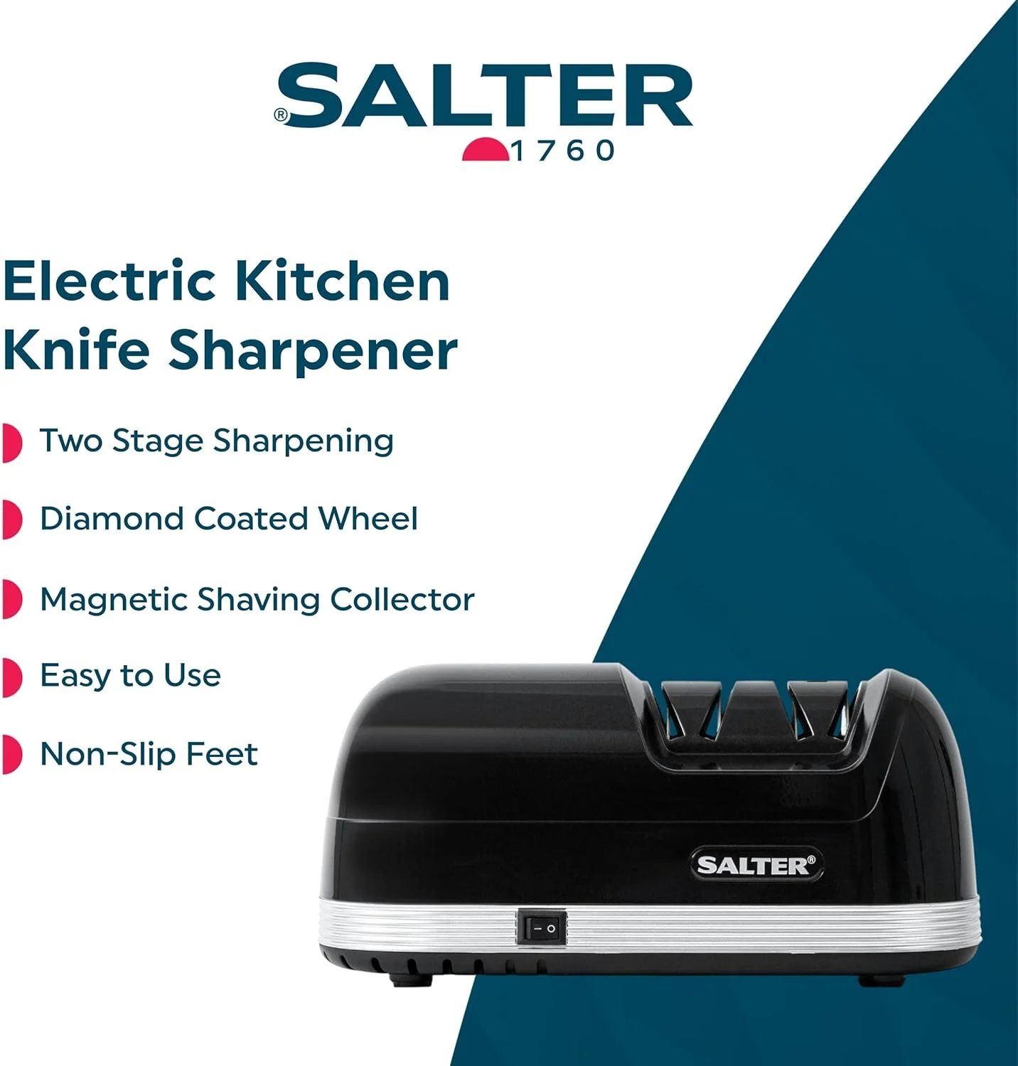 چاقو تیزکن برقی سالتر 728 BKXR با پوشش الماسه، دارای دو مرحله تیز کردن، مناسب برای آشپزخانه و سرآشپز، ابزار تیز کردن، پایه های ضد لغزش ایمن، آهنربای جداشدنی برای جمع آوری تراشه ها، مشکی