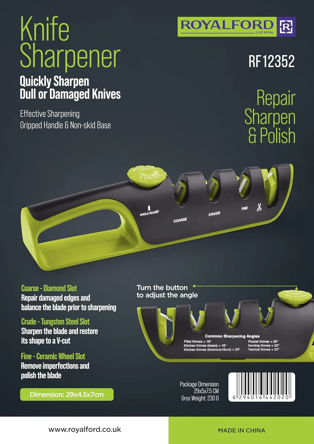 چاقو تیزکن زاویه دار رویال فورد مدل RF12352 با پایه تخت ضد لغزش و دسته ارگونومیک برای ترمیم و صیقل دادن چاقوهای کند و آسیب دیده