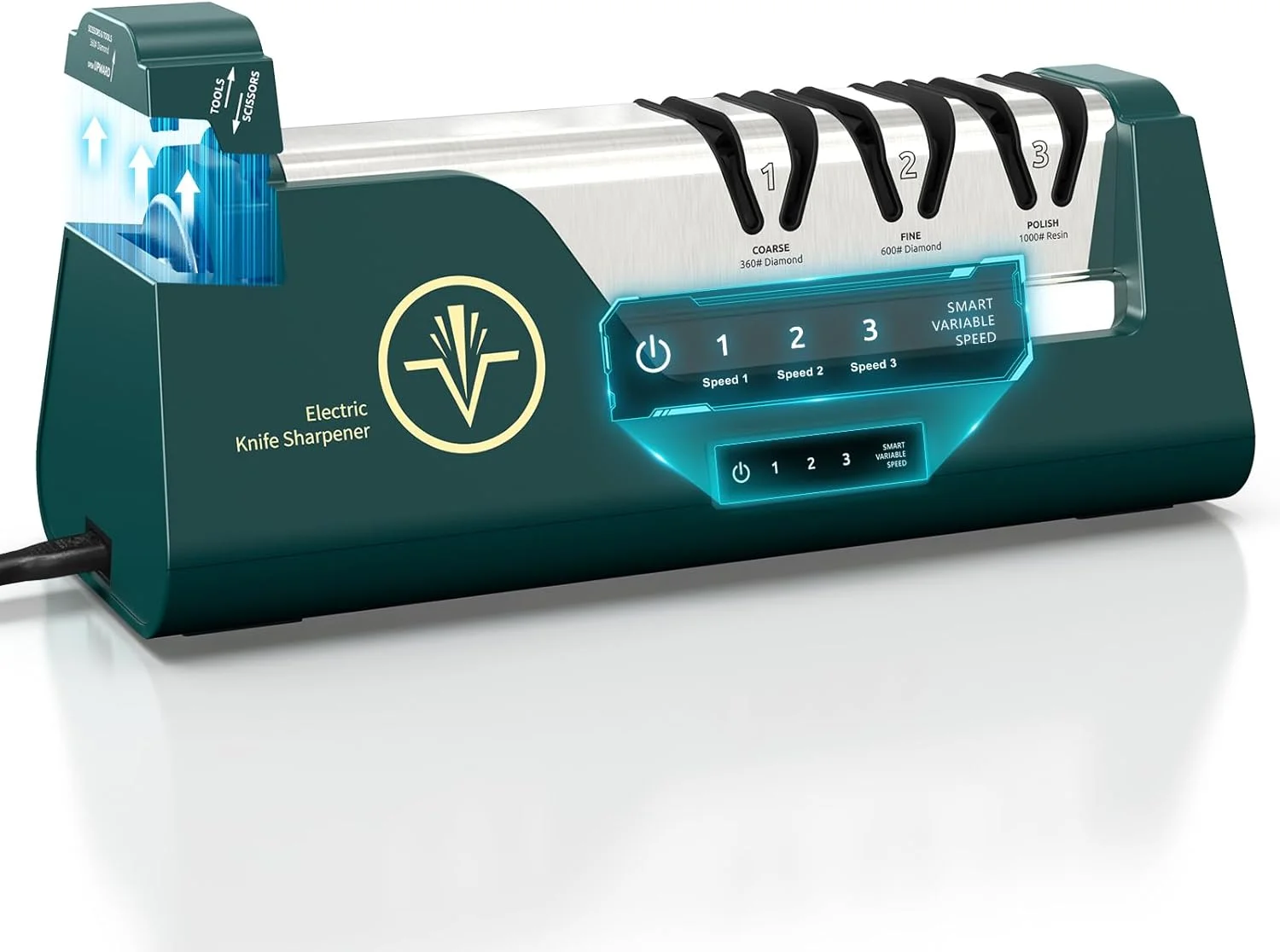 تیزکن برقی حرفه ای چاقو با سنگ های الماسه 100% و راهنمای زاویه دقیق، تیزکن چاقو LCD لمسی 4 مرحله ای با سرعت متغیر 3 سرعته برای لبه های صاف، دندانه دار، قیچی و تبر