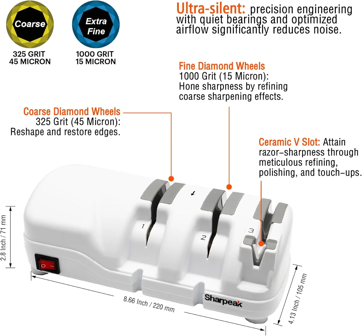 چاقو تیزکن برقی حرفه ای شارپیک مدل 198H-SPK با 3 مرحله متنوع، چرخ های سنگ زنی الماس تک کریستالی، محافظت در برابر گرمای بیش از حد، موتور فوق العاده بی صدا، تیز کردن سریع