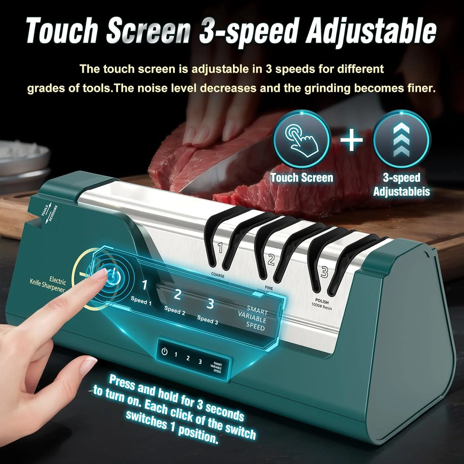 تیزکن برقی حرفه ای چاقو با سنگ های الماسه 100% و راهنمای زاویه دقیق، تیزکن چاقو LCD لمسی 4 مرحله ای با سرعت متغیر 3 سرعته برای لبه های صاف، دندانه دار، قیچی و تبر