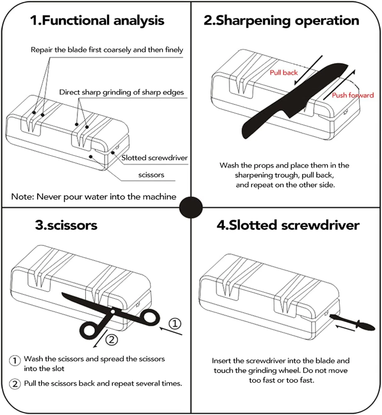 تیزکن برقی حرفه ای چند منظوره اتوماتیک با شیب 15 درجه، دارای شیارهای درشت و ظریف برای چاقوهای صاف و دندانه دار، قیچی، آسیاب کننده برش آشپزخانه به همراه برس تمیز کننده