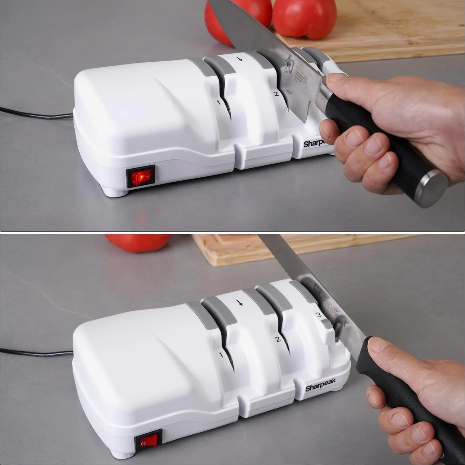 چاقو تیزکن برقی حرفه ای شارپیک مدل 198H-SPK با 3 مرحله متنوع، چرخ های سنگ زنی الماس تک کریستالی، محافظت در برابر گرمای بیش از حد، موتور فوق العاده بی صدا، تیز کردن سریع