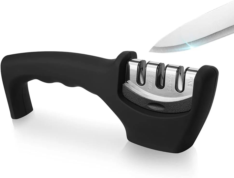 چاقو تیز کن حرفه ای COOLBABY، چاقو تیز کن دستی 3 مرحله ای برای تیز کردن چاقوهای آشپزخانه، ابزار تیز کننده مبتکرانه با پایه ضد لغزش و طراحی ارگونومیک. برای آشپزی در خانه و سرآشپز.