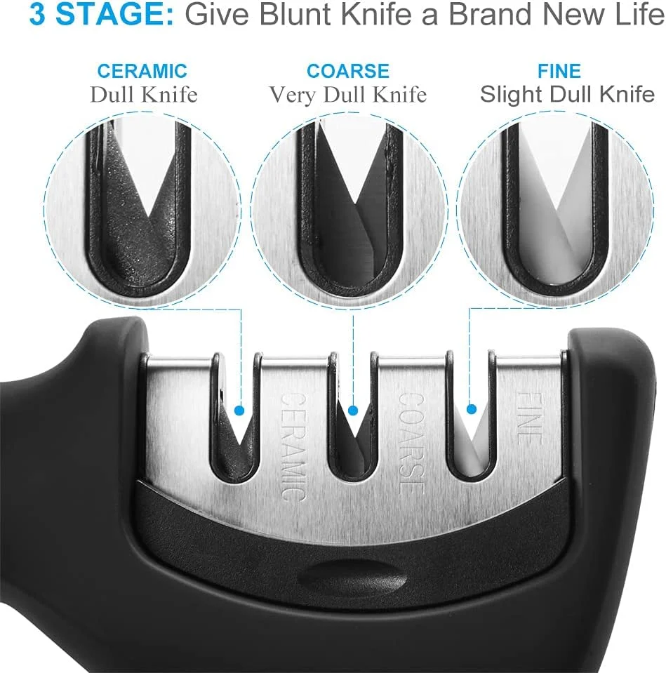 چاقو تیز کن حرفه ای COOLBABY، چاقو تیز کن دستی 3 مرحله ای برای تیز کردن چاقوهای آشپزخانه، ابزار تیز کننده مبتکرانه با پایه ضد لغزش و طراحی ارگونومیک. برای آشپزی در خانه و سرآشپز.