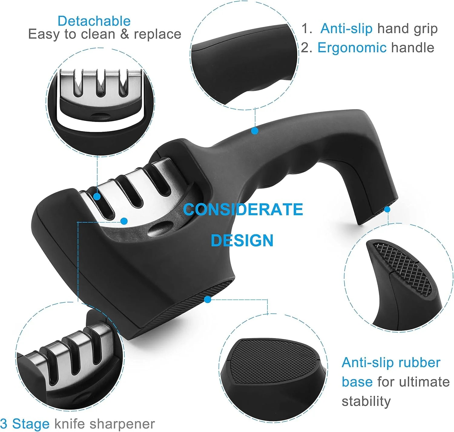چاقو تیز کن حرفه ای COOLBABY، چاقو تیز کن دستی 3 مرحله ای برای تیز کردن چاقوهای آشپزخانه، ابزار تیز کننده مبتکرانه با پایه ضد لغزش و طراحی ارگونومیک. برای آشپزی در خانه و سرآشپز.