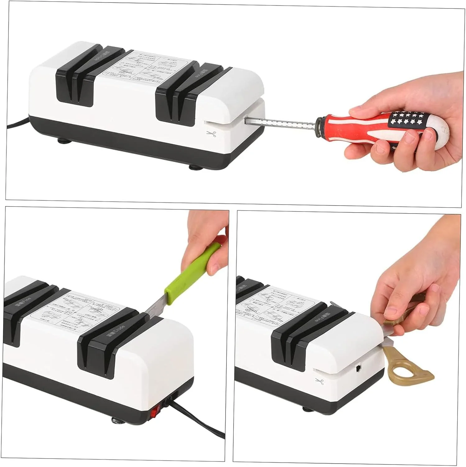 چاقو تیز کن برقی حرفه ای - چاقو تیز کن اتوماتیک چند منظوره با زاویه 15 درجه، شیارهای زبر و نرم برای چاقوهای صاف/دندانه دار، قیچی و کاترهای آشپزخانه (سفید)