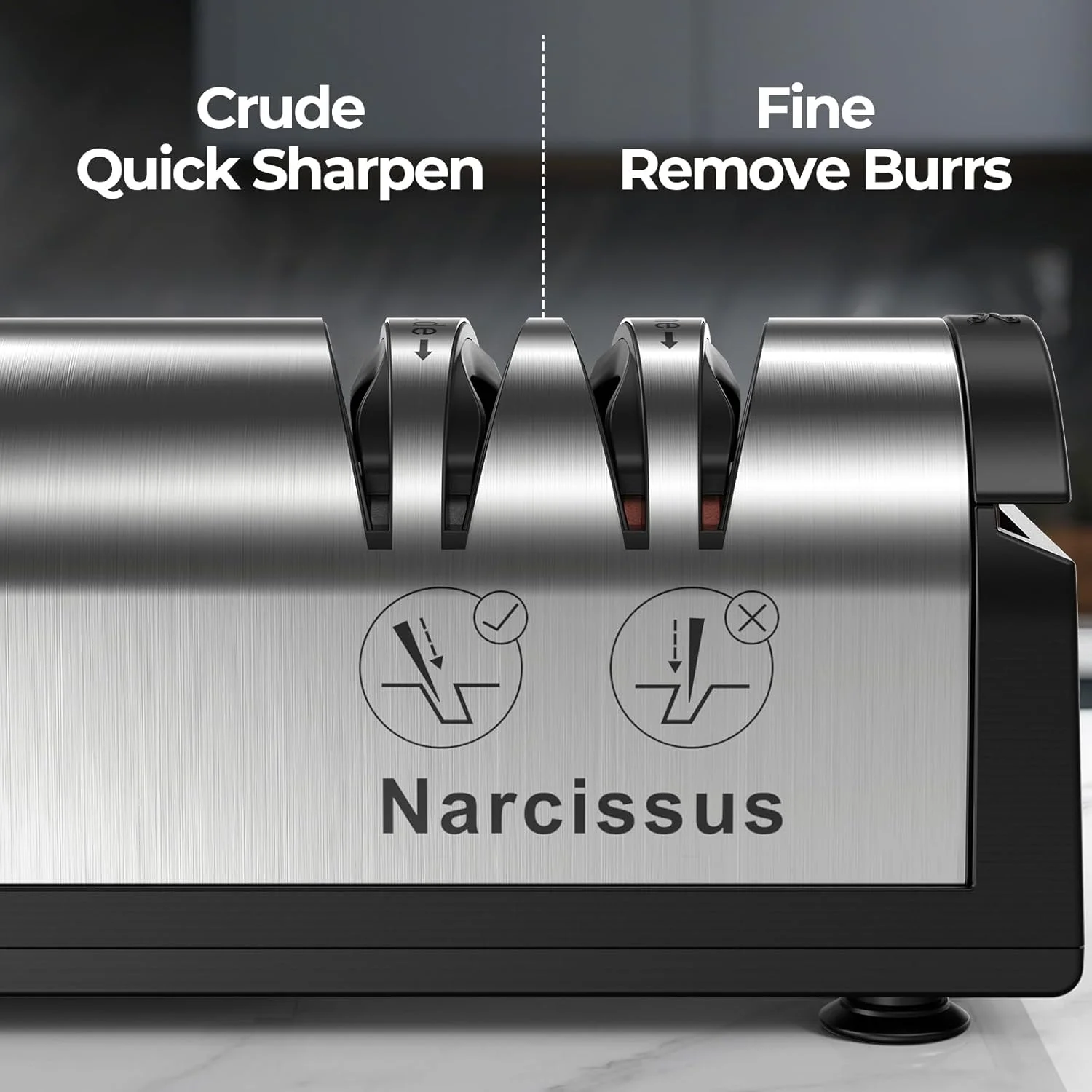 چاقو تیزکن نارسیوس، چاقو تیزکن برقی حرفه ای 2 مرحله ای برای تیز کردن و صیقل دادن سریع، با تیزکن قیچی و جعبه جمع آوری گرد و غبار فلزی، استیل ضد زنگ، نقره ای