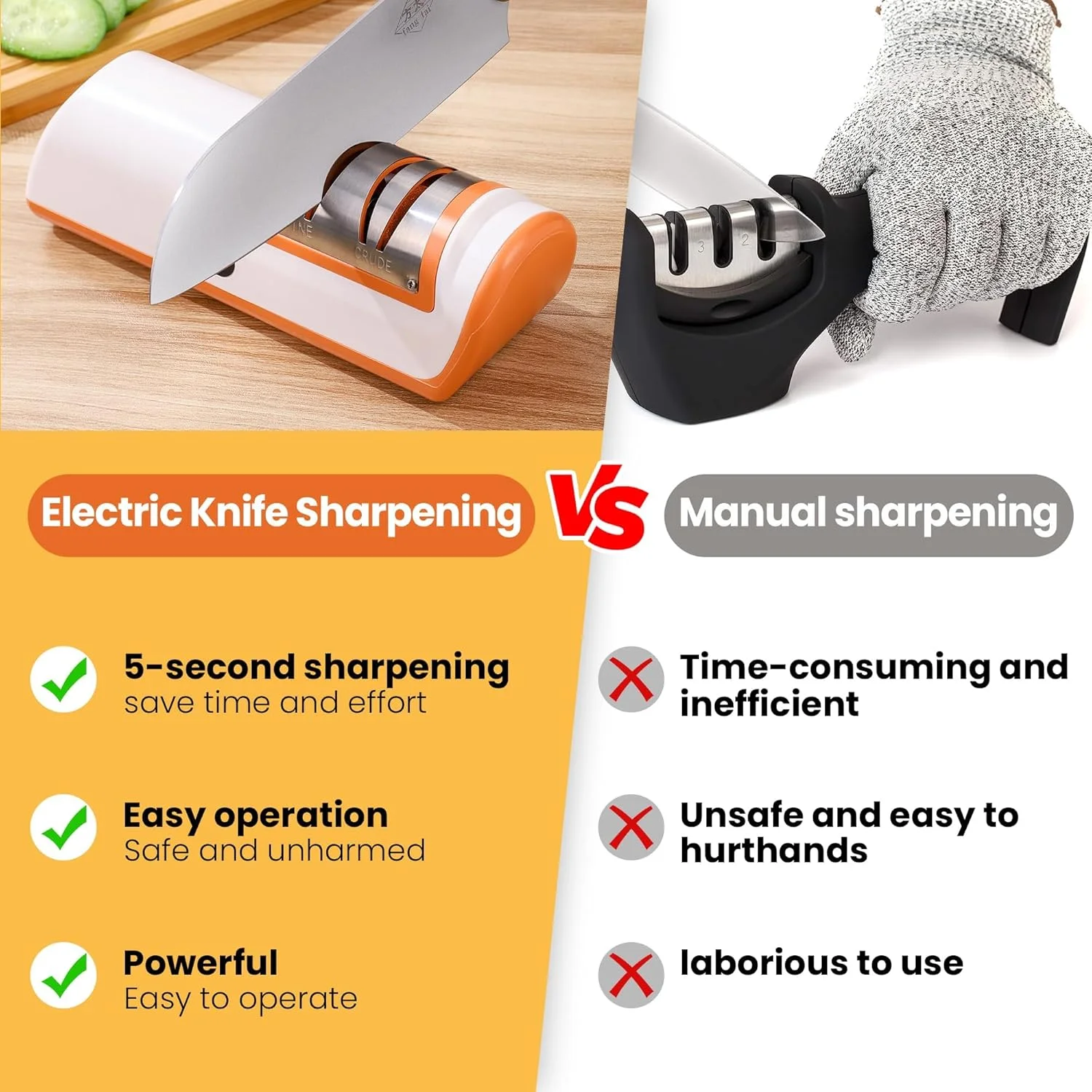 چاقو تیز کن برقی، چاقو تیز کن حرفه ای 2 مرحله ای مشکی، برای طیف گسترده ای از چاقوهای آشپزخانه با عملکردهای تیز کردن و صیقل دادن سریع، برای استفاده آسان (نارنجی)