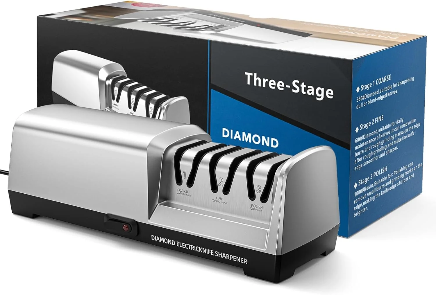 تیزکن برقی چاقو MusyVocay با الماس 100٪، تیزکن حرفه ای 3 مرحله ای چاقوی آشپزخانه 20 درجه با راهنمای زاویه دقیق برای تیز کردن خشن، تعمیر (نقره ای)
