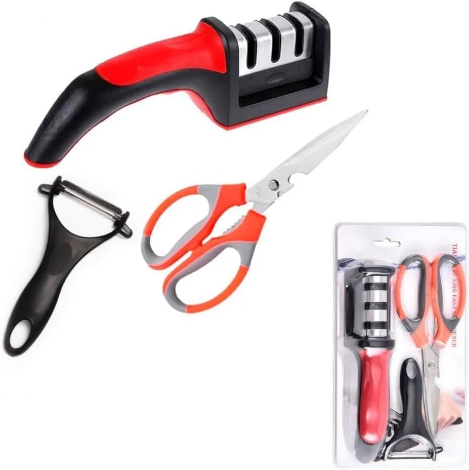 ست چاقو تیزکن آشپزخانه MOMENT با قیچی و پوست کن، ست 3 تکه ابزار آشپزخانه، پایه لاستیکی ضد لغزش، ابزار تیز کردن 3 مرحله ای برای انواع چاقوهای سرامیکی و چاقوهای فولادی، قرمز و مشکی