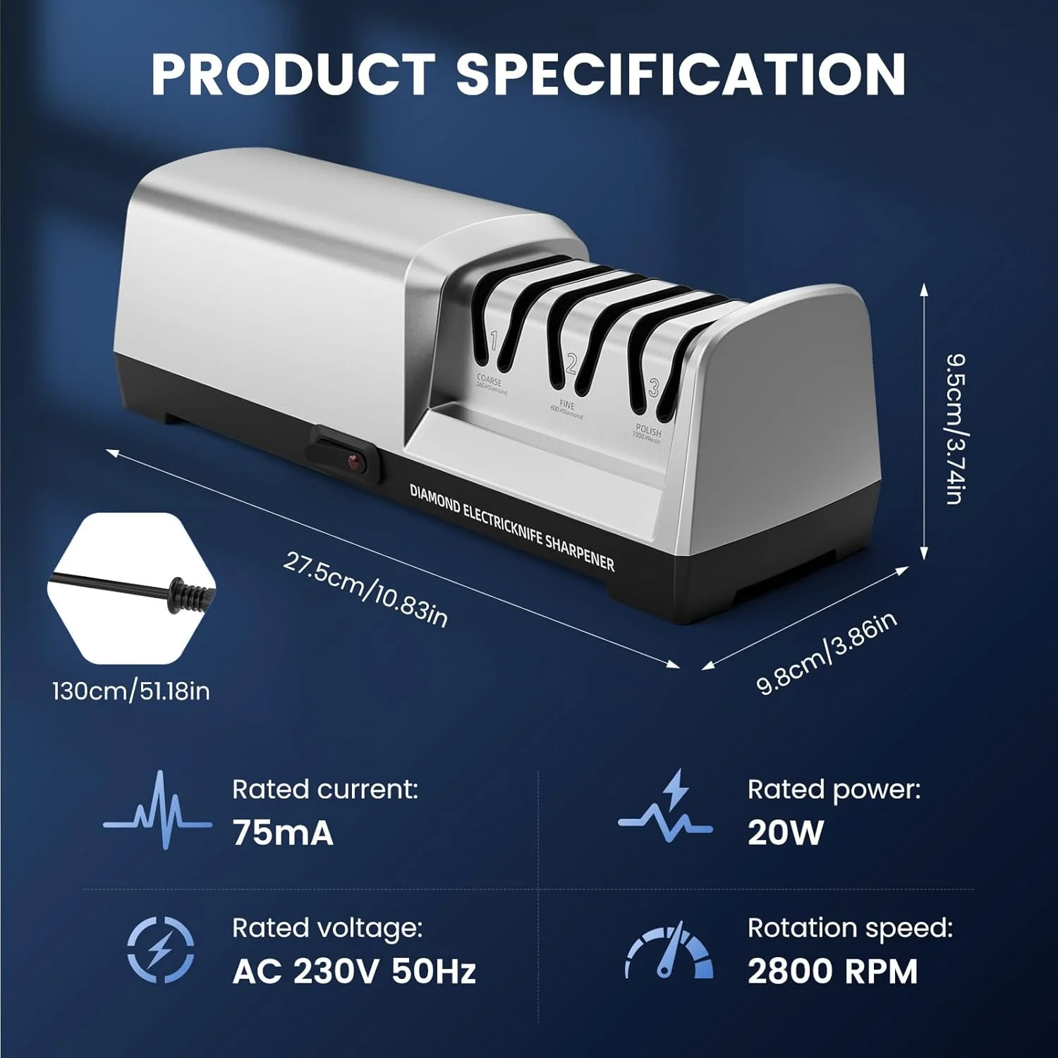 تیزکن برقی چاقو MusyVocay با الماس 100٪، تیزکن حرفه ای 3 مرحله ای چاقوی آشپزخانه 20 درجه با راهنمای زاویه دقیق برای تیز کردن خشن، تعمیر (نقره ای)