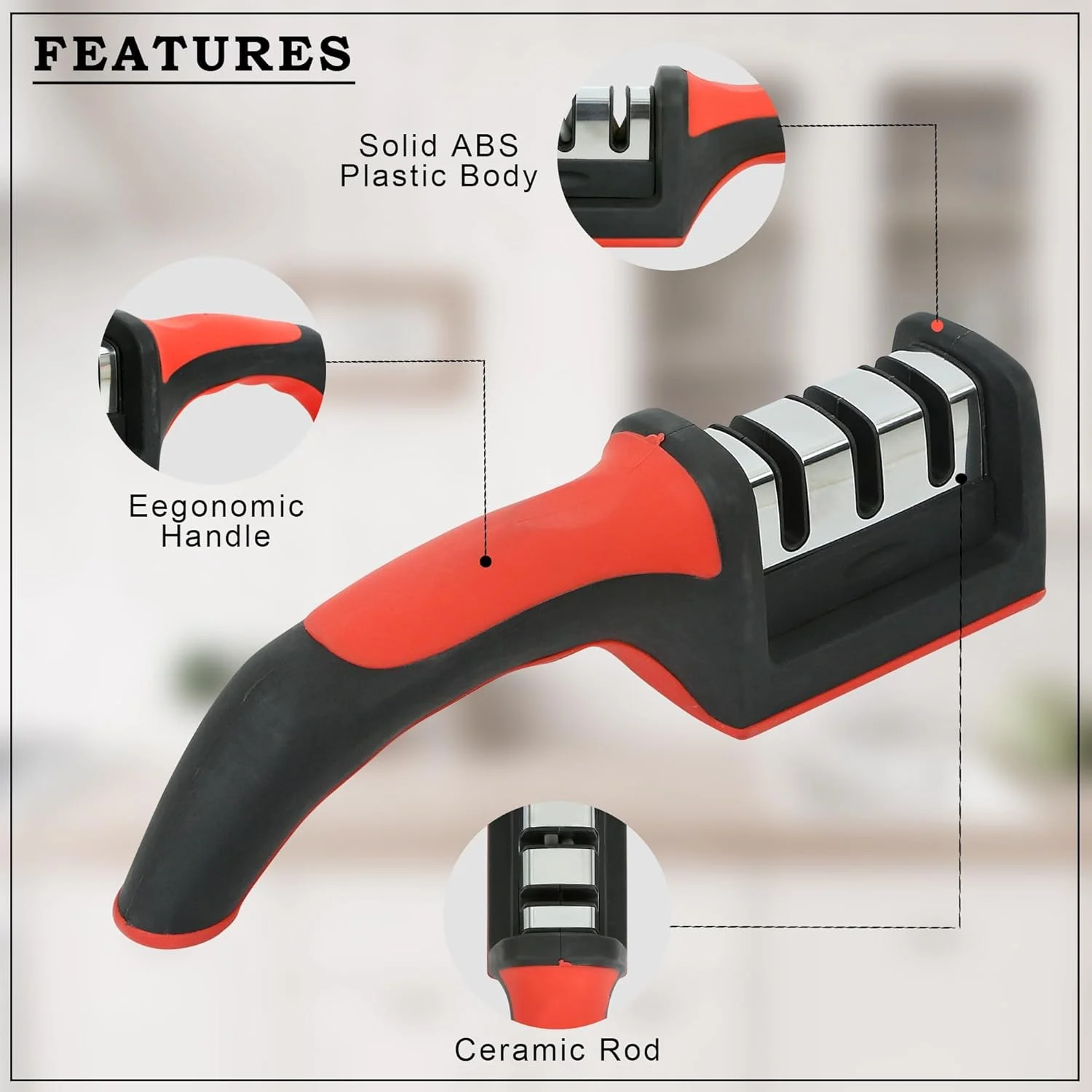 چاقو تیز کن 3 در 1 MOMENT با دسته ارگونومیک و پایه لاستیکی ضد لغزش، ابزار تیز کننده 3 مرحله ای برای انواع چاقوهای سرامیکی و فولادی