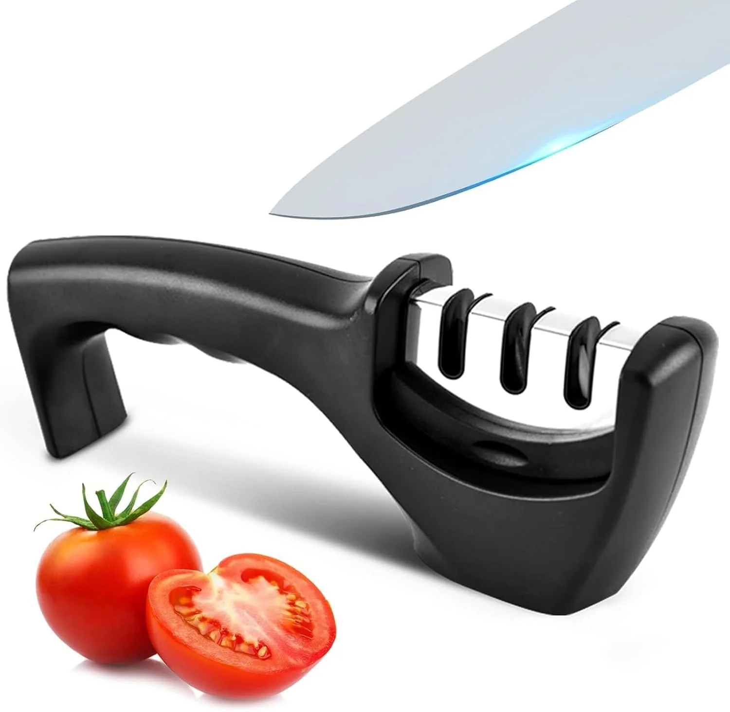 چاقو تیزکن آشپزخانه MOMENT با 3 مرحله، سیستم حرفه ای تیز کردن دستی تیغه، سنگ سرامیک، صفحات کاربید تنگستن، میله های الماس، دسته ارگونومیک، پایه ضد لغزش، مشکی شیک