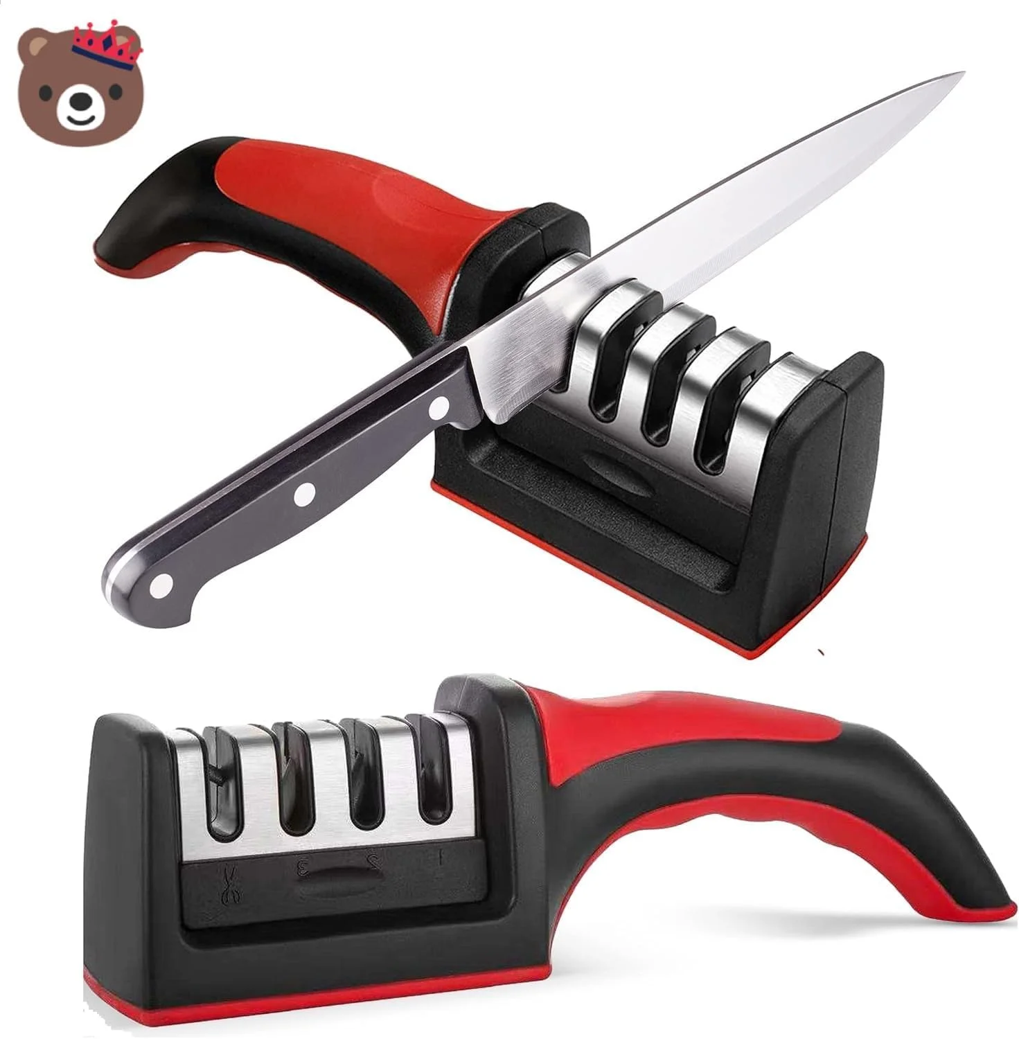 چاقو تیزکن موموبیر برای چاقوهای آشپزخانه، استیل ضد زنگ 4 در 1، چاقو تیزکن آشپزخانه ارگونومیک و آسان برای استفاده، کیت چاقو تیزکن 4 مرحله ای با شکاف های تیز کننده، مشکی