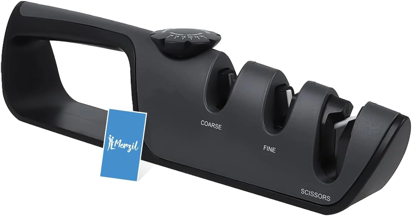 چاقو تیزکن مرزیل 3 در 1 با زاویه قابل تنظیم - دسته ارگونومیک، پایه ضد لغزش، فولاد تنگستن فوق سخت برای تیز کردن خشن، میله های سرامیکی برای صیقل دادن ظریف - چاقوهای آشپزخانه و قیچی را تیز می کند