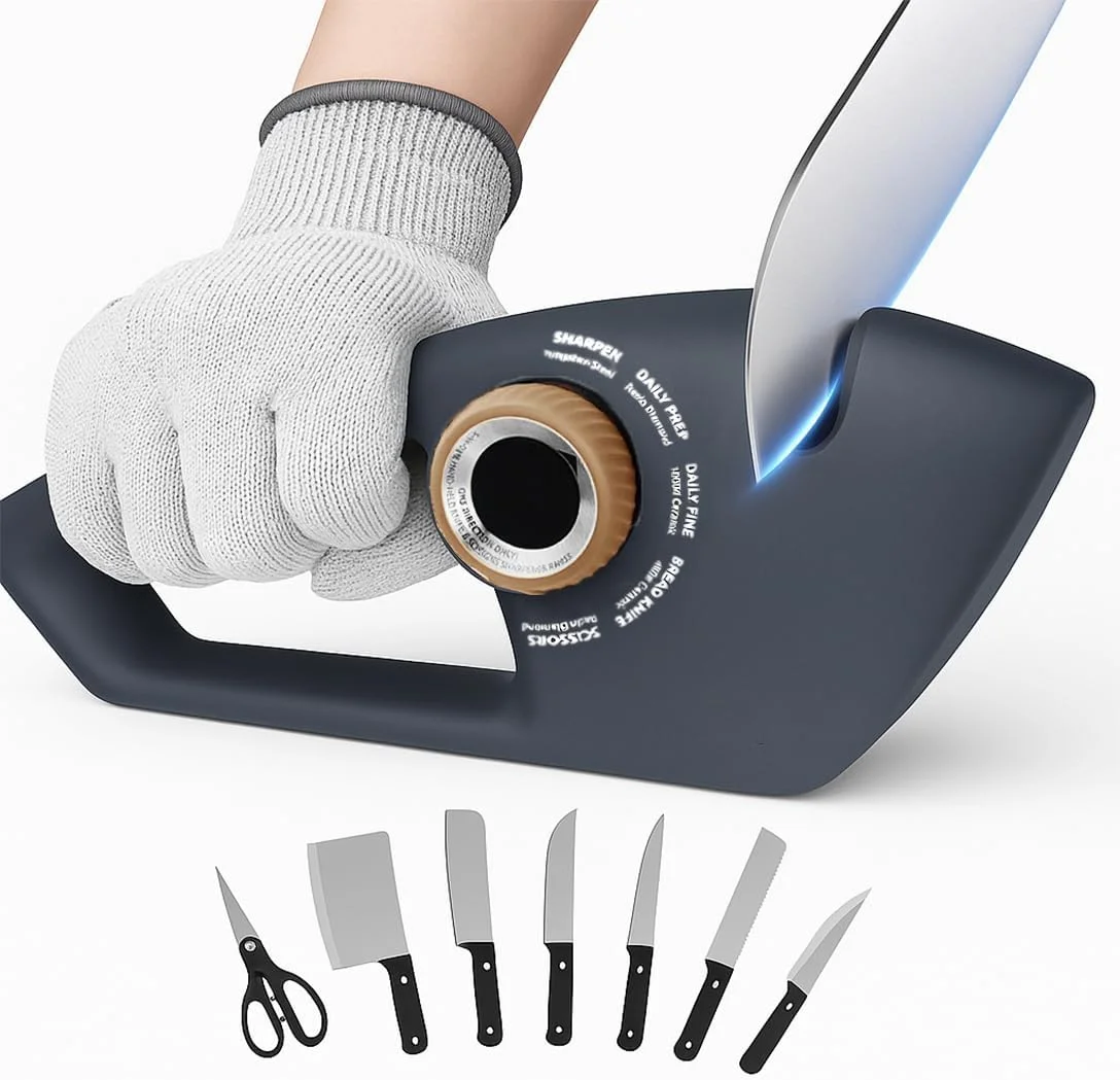 چاقو تیز کن 5 کاره LENND با 5 مرحله و یک جفت دستکش ضد برش، تیغه های پولیش پریمیوم اورجینال، بهترین چاقو تیز کن آشپزخانه که واقعاً برای چاقوهای جیبی سرآشپزها، چاقوهای دندانه دار و قیچی کار می کند.
