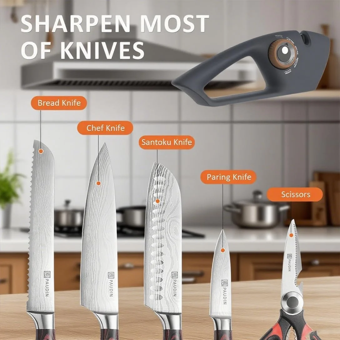 چاقو تیز کن 5 کاره LENND با 5 مرحله و یک جفت دستکش ضد برش، تیغه های پولیش پریمیوم اورجینال، بهترین چاقو تیز کن آشپزخانه که واقعاً برای چاقوهای جیبی سرآشپزها، چاقوهای دندانه دار و قیچی کار می کند.