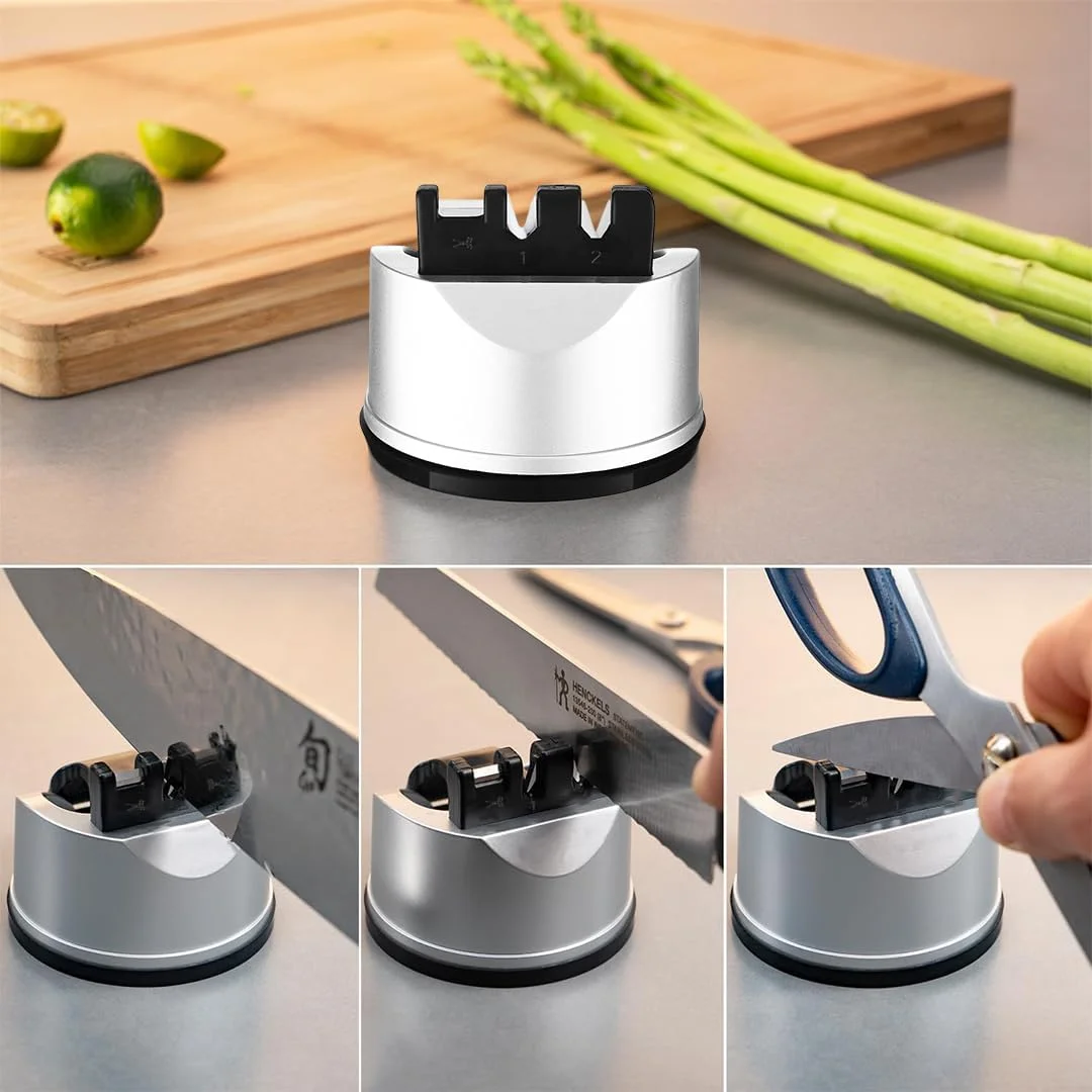 چاقو تیزکن جیبی آشپزخانه LENND برای چاقوهای صاف و دندانه دار، ابزار 3 مرحله ای تیز کردن چاقو به ترمیم و احیای تیغه ها کمک می کند