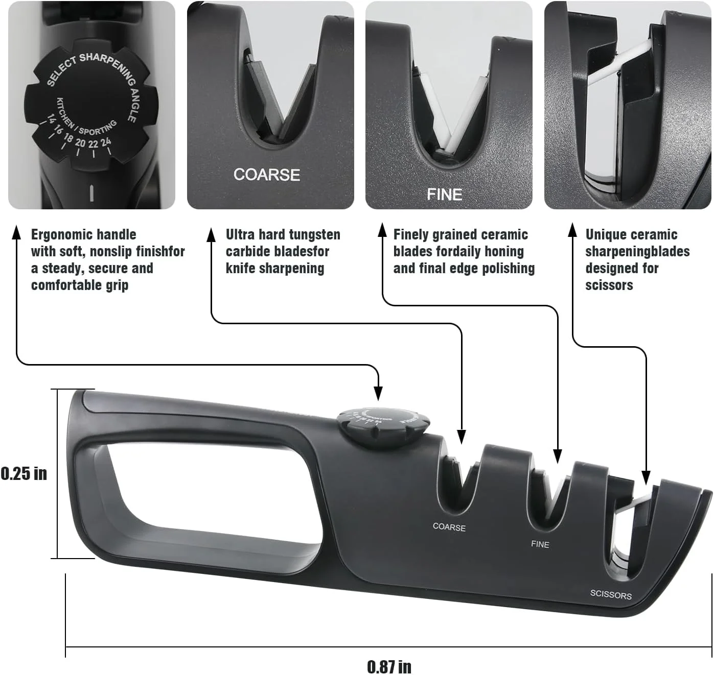 چاقو تیزکن آشپزخانه Langthering®، چاقو تیزکن، تیزکن دستی حرفه ای 3 در 1 با دسته ارگونومیک و دکمه تنظیم زاویه، تیز کردن چاقو و قیچی را آسان تر می کند