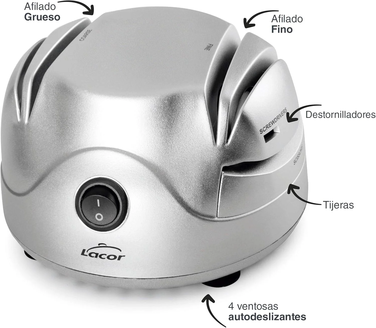 لکور - 69141 - چاقو تیز کن برقی، چهار شیار با مکنده، چاقوی تیز، قیچی، پیچ گوشتی، ایمن و آسان برای استفاده، توان 60 وات، 13 x 15 x 9 سانتی متر، نقره ای