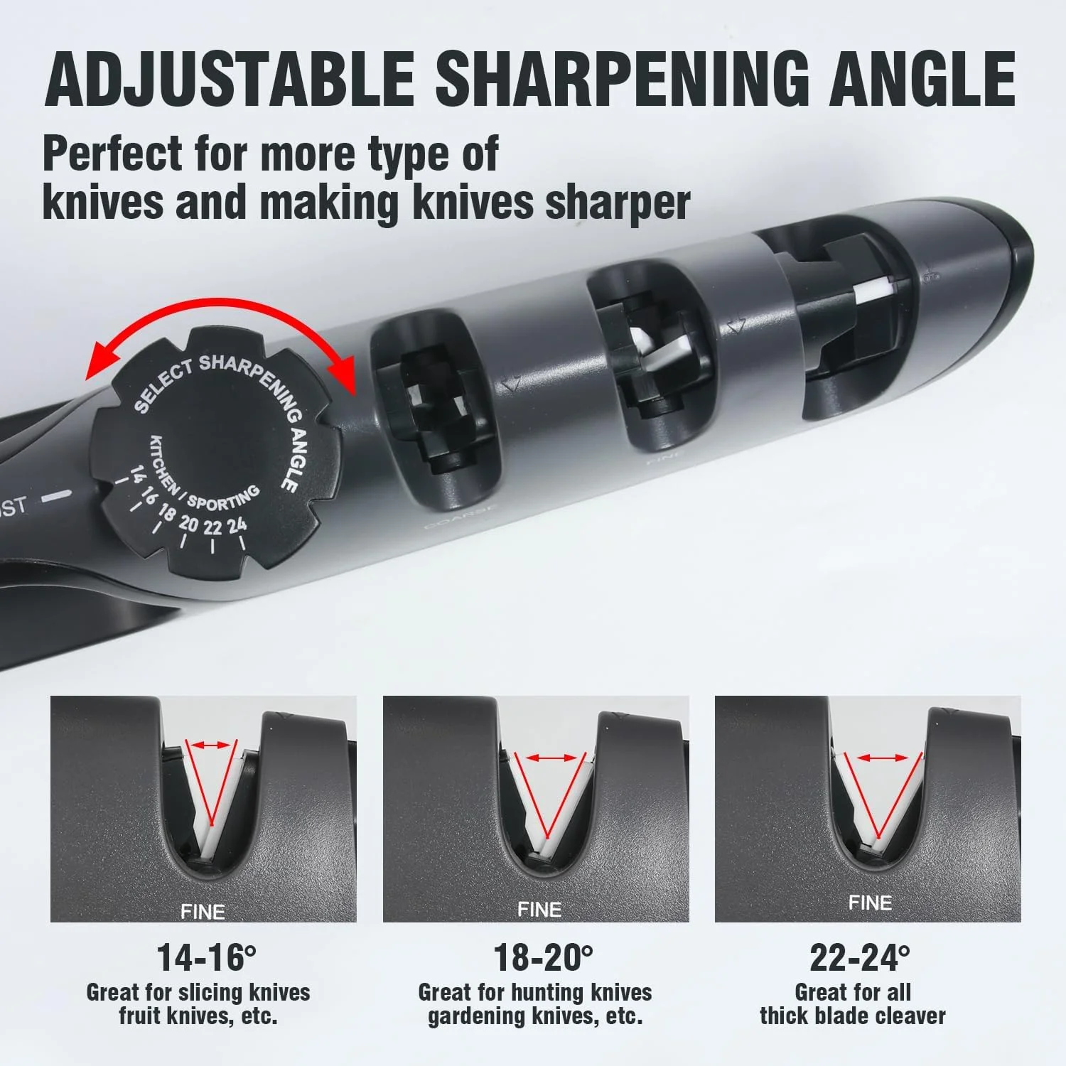 چاقو تیزکن آشپزخانه Langthering®، چاقو تیزکن، تیزکن دستی حرفه ای 3 در 1 با دسته ارگونومیک و دکمه تنظیم زاویه، تیز کردن چاقو و قیچی را آسان تر می کند