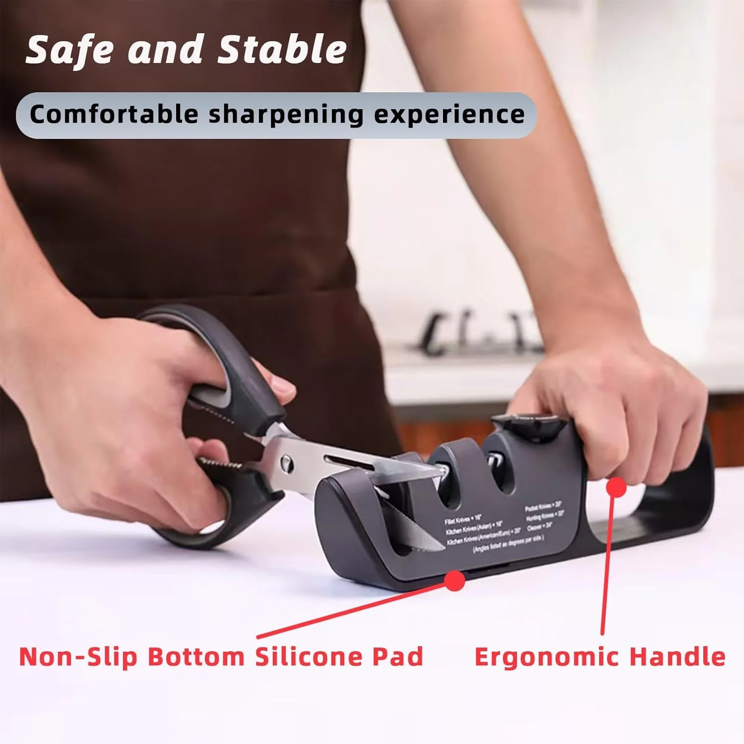 چاقو تیزکن آشپزخانه Langthering®، چاقو تیزکن، تیزکن دستی حرفه ای 3 در 1 با دسته ارگونومیک و دکمه تنظیم زاویه، تیز کردن چاقو و قیچی را آسان تر می کند