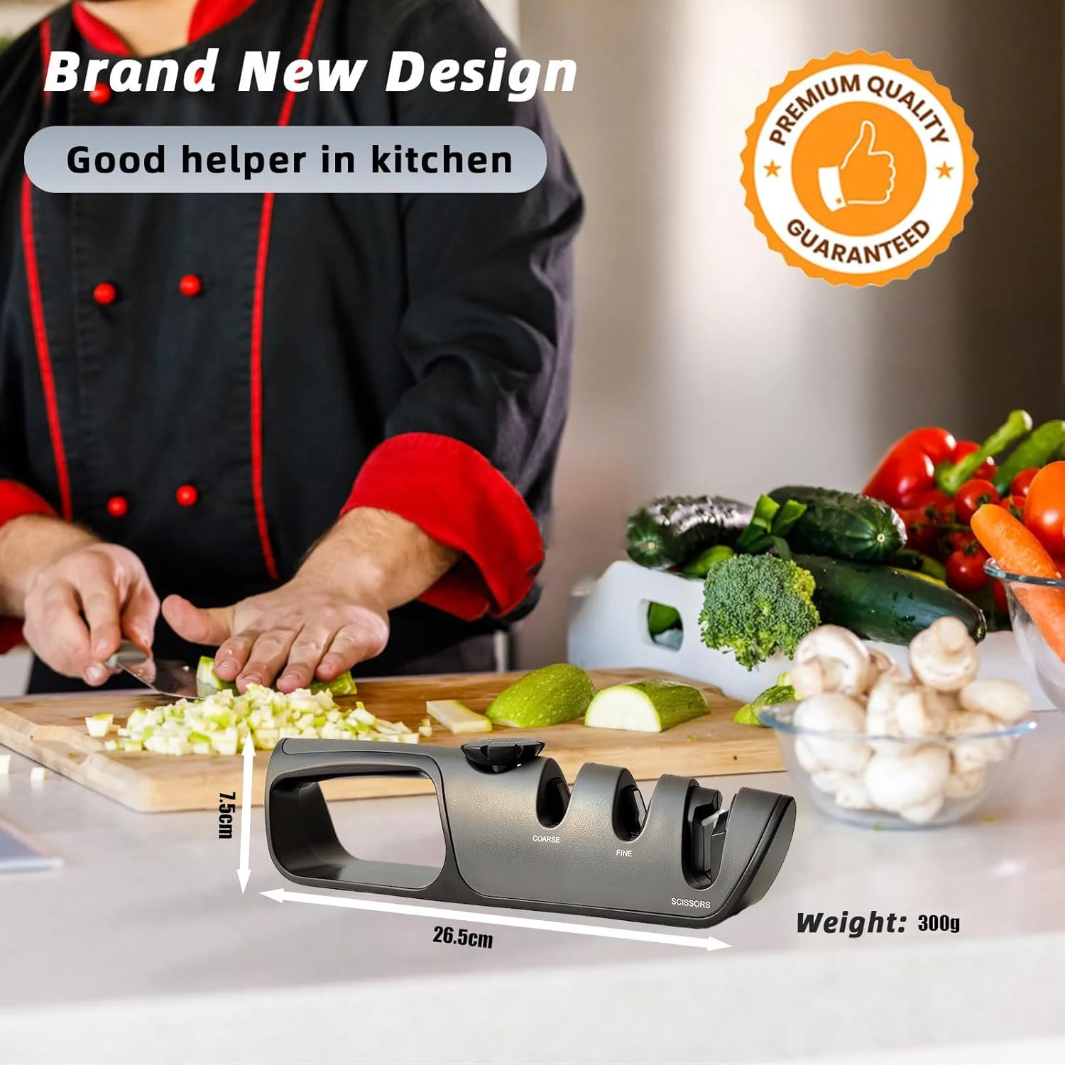 چاقو تیزکن آشپزخانه Langthering®، چاقو تیزکن، تیزکن دستی حرفه ای 3 در 1 با دسته ارگونومیک و دکمه تنظیم زاویه، تیز کردن چاقو و قیچی را آسان تر می کند