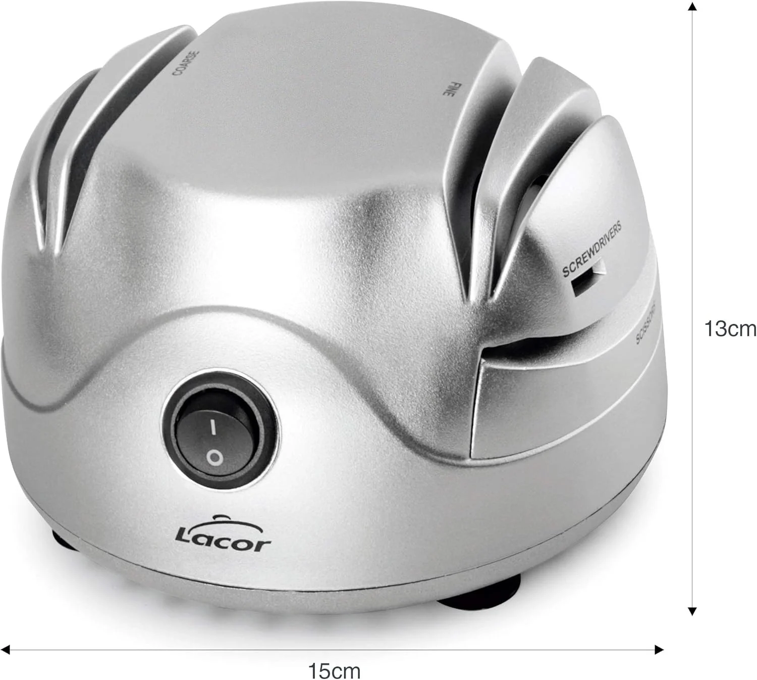 لکور - 69141 - چاقو تیز کن برقی، چهار شیار با مکنده، چاقوی تیز، قیچی، پیچ گوشتی، ایمن و آسان برای استفاده، توان 60 وات، 13 x 15 x 9 سانتی متر، نقره ای