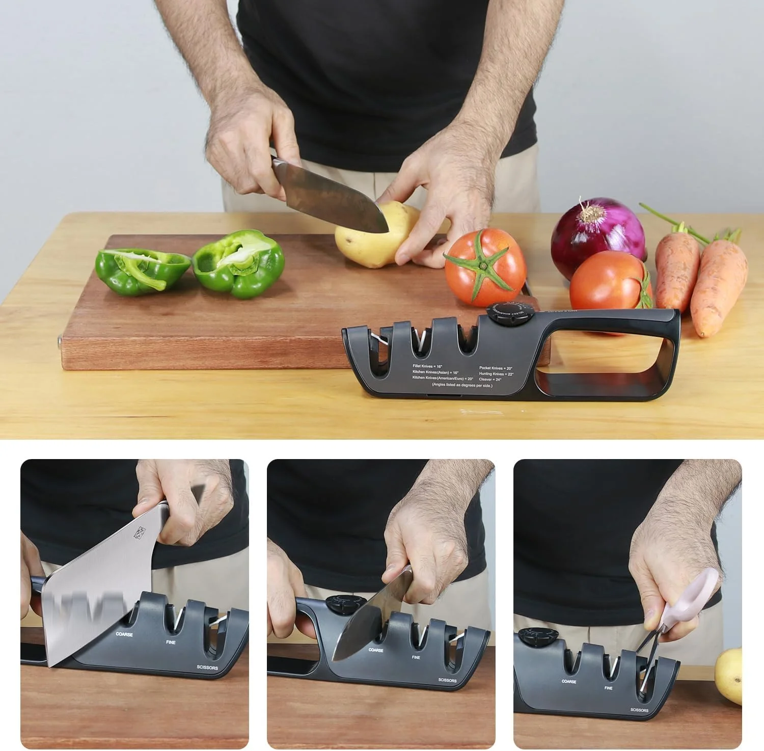 چاقو تیزکن آشپزخانه Langthering®، چاقو تیزکن، تیزکن دستی حرفه ای 3 در 1 با دسته ارگونومیک و دکمه تنظیم زاویه، تیز کردن چاقو و قیچی را آسان تر می کند