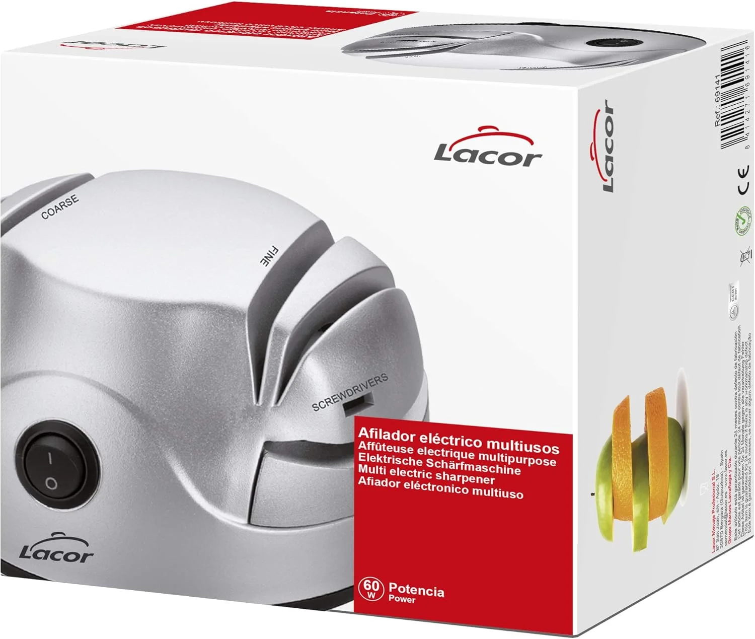 لکور - 69141 - چاقو تیز کن برقی، چهار شیار با مکنده، چاقوی تیز، قیچی، پیچ گوشتی، ایمن و آسان برای استفاده، توان 60 وات، 13 x 15 x 9 سانتی متر، نقره ای