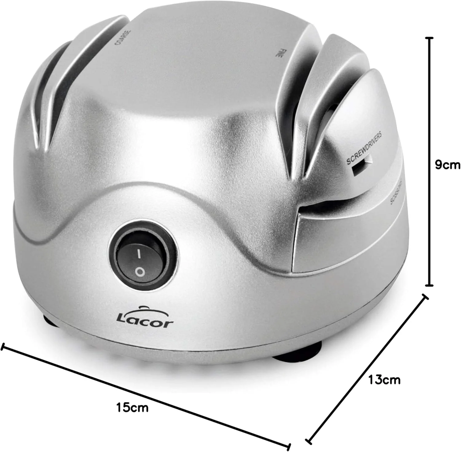 لکور - 69141 - چاقو تیز کن برقی، چهار شیار با مکنده، چاقوی تیز، قیچی، پیچ گوشتی، ایمن و آسان برای استفاده، توان 60 وات، 13 x 15 x 9 سانتی متر، نقره ای