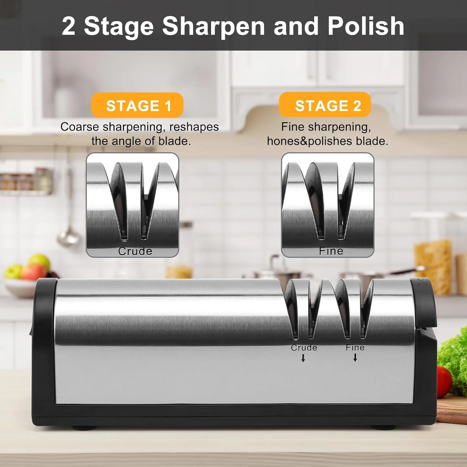 چاقو تیزکن برقی iFCOW، چاقو تیزکن برقی استیل ضد زنگ قابل شارژ، چاقو تیزکن آشپزخانه 2 مرحله ای برای تیز کردن و صیقل دادن سریع
