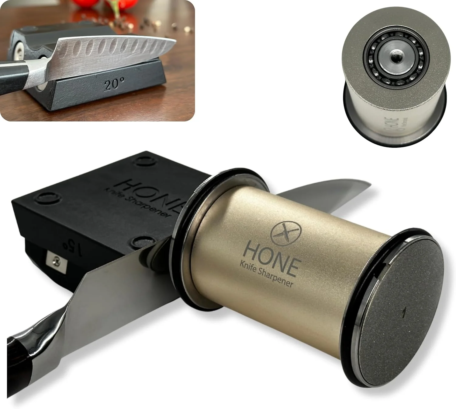 چاقو تیز کن 𝗛𝗢𝗡𝗘، طراحی شده در کانادا، ابزار تعمیر و بازسازی تیغه با بلبرینگ و صفحات تیز کننده الماسه دو طرفه جداشدنی.