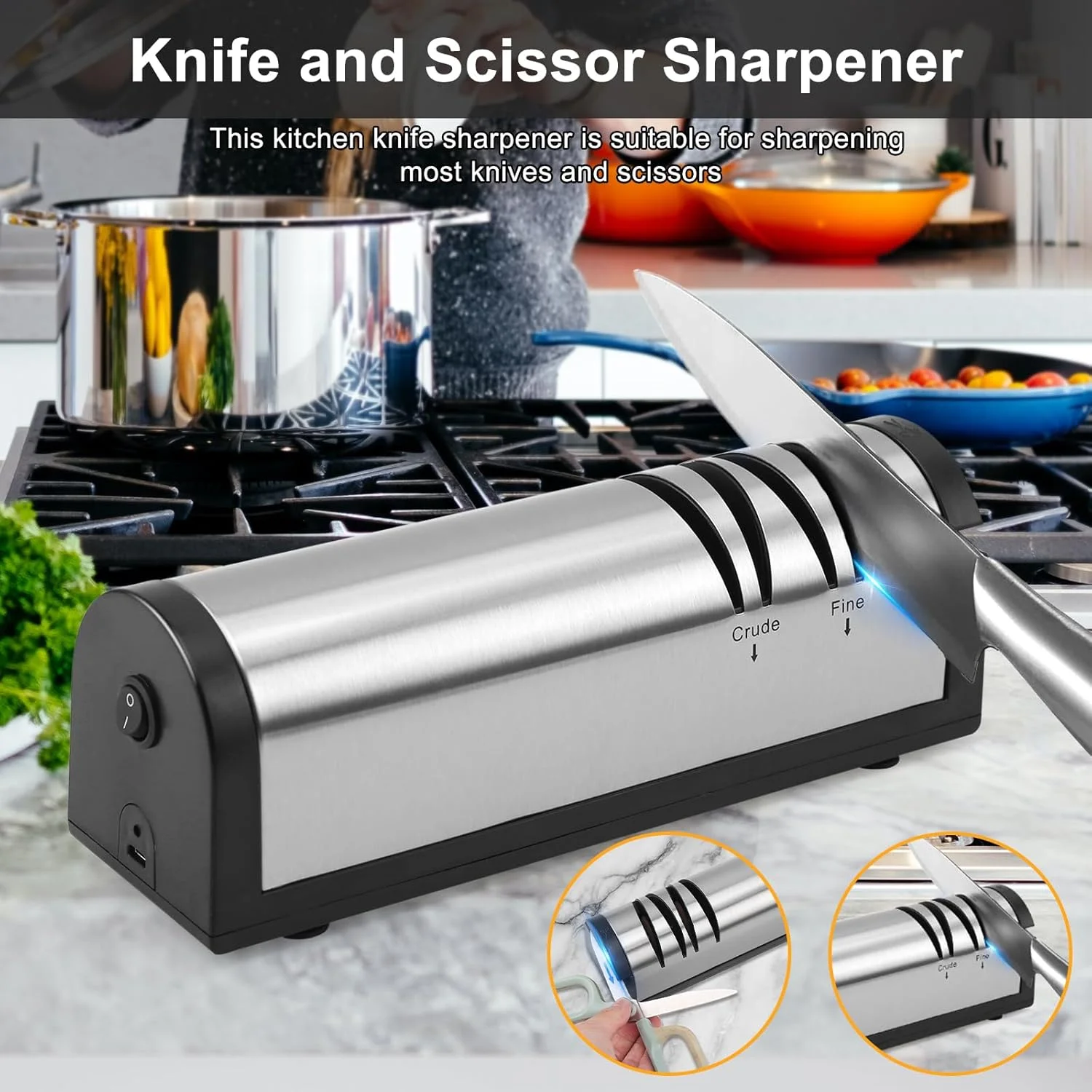 چاقو تیزکن برقی iFCOW، چاقو تیزکن برقی استیل ضد زنگ قابل شارژ، چاقو تیزکن آشپزخانه 2 مرحله ای برای تیز کردن و صیقل دادن سریع