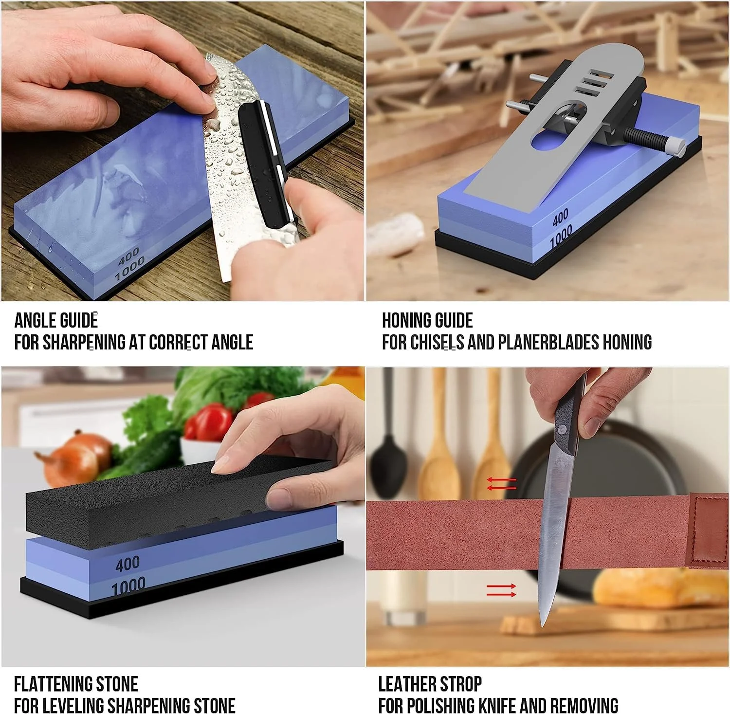 ست سنگ چاقو تیز کن Homodoskey - 4 طرفه با درجه زبری 400/1000 3000/8000 - پایه بامبو ضد لغزش، دستکش های مقاوم در برابر برش، راهنمای زاویه، سنگ صاف کننده، راهنمای تیز کردن، چرم پرداخت ست سنگ چاقو تیز کن Homodoskey - 4 طرفه با درجه زبری 400/1000 3000/8000 - پایه بامبو ضد لغزش، دستکش های مقاوم در برابر برش، راهنمای زاویه، سنگ صاف کننده، راهنمای تیز کردن، چرم پرداخت