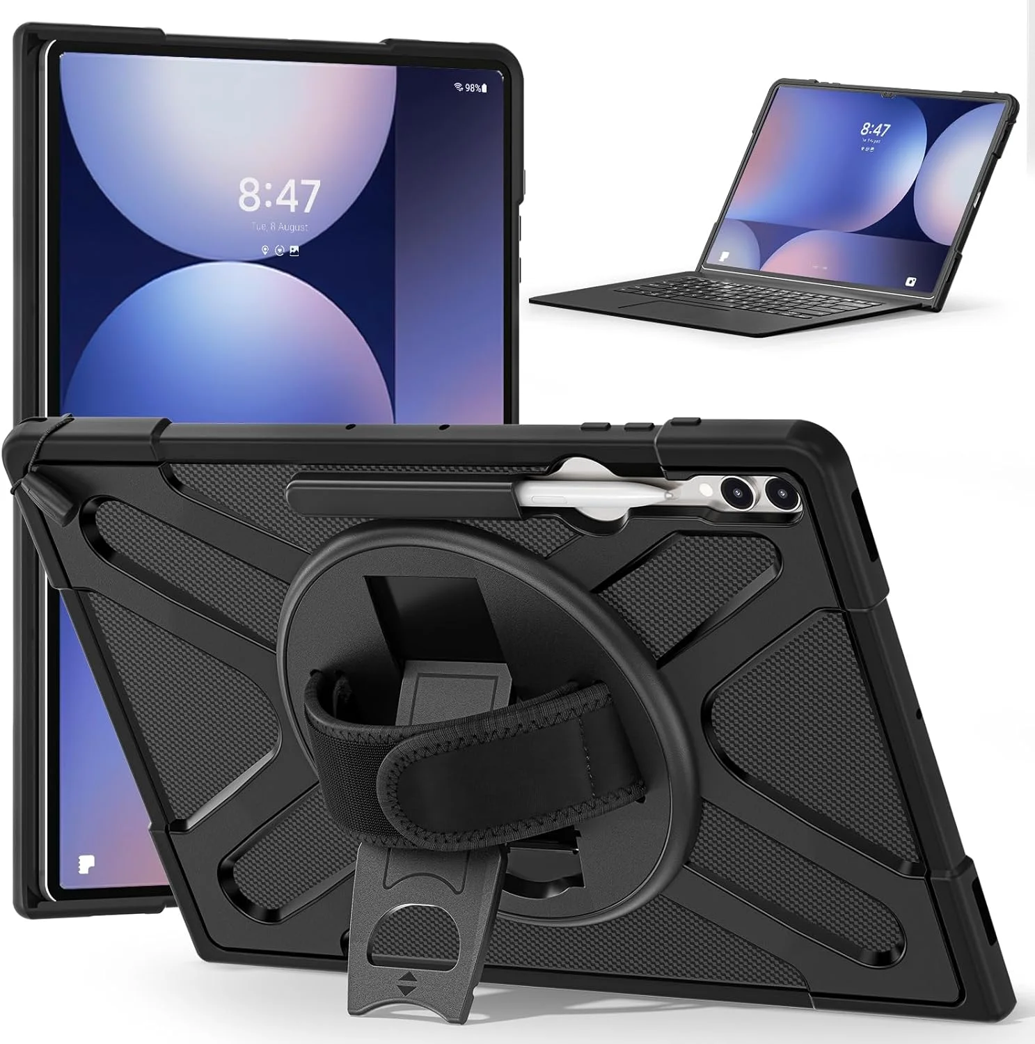 کیف محافظ تبلت سامسونگ گلکسی تب S10 Ultra/S9 Ultra/S8 Ultra سایز 14.6 اینچ با پایه 360 درجه چرخان، استند، جای قلم و بند دستی، ضد ضربه و مقاوم