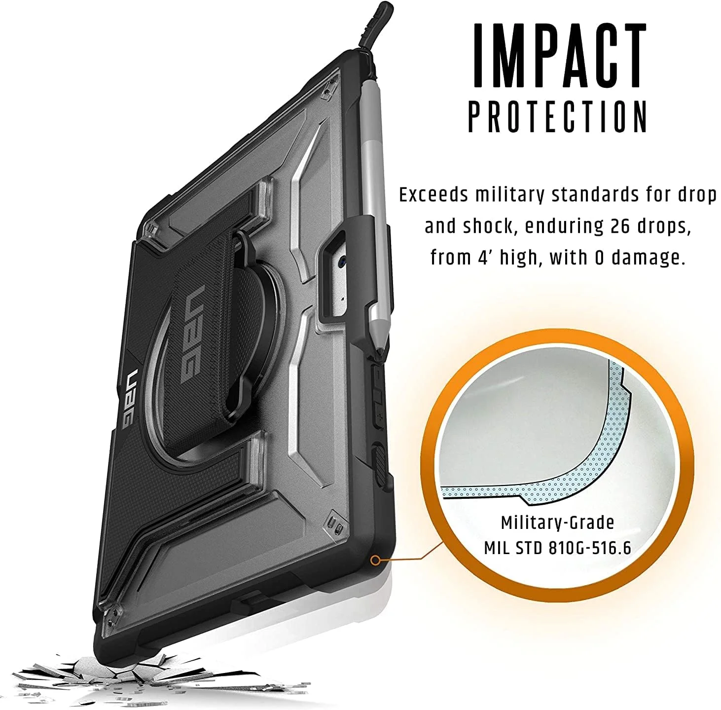 کاور محافظ پلاسما Urban Armor Gear مطابق با استاندارد نظامی ایالات متحده برای Microsoft Surface Go - شفاف [بند دستی | سازگار با Type Cover | دارای پایه | گوشه های تقویت شده | مقاوم در برابر سقوط] - 321073114343