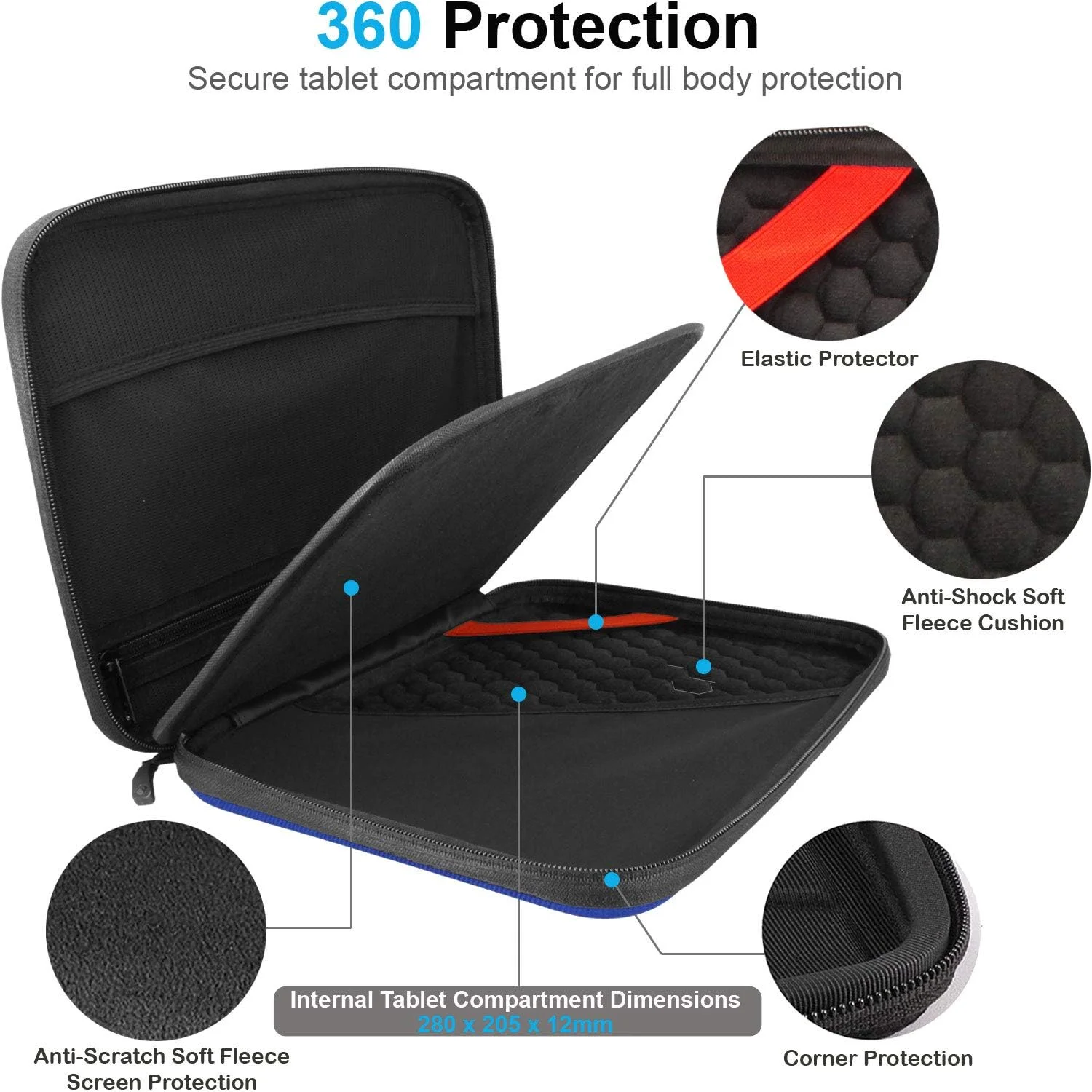 کیف ارگانایزر TECHGEAR، هارد کیس با بند، کابل USB، جای قلم آیپد و دسته، کیف محافظ حمل با جای قلم برای آیپد پرو 11، آیپد 9/8/7، 10.2، آیپد ایر 5/ایر 4، 10.9