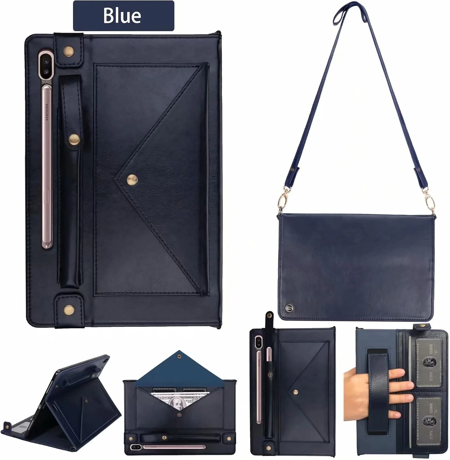 کیف ZTJ-Lighting مناسب برای Microsoft Surface Go 10.1 اینچ، کاور چرمی PU هوشمند با استند تاشو، جای مداد و بند شانه، کیف کراس بادی با جیب و دسته، آبی